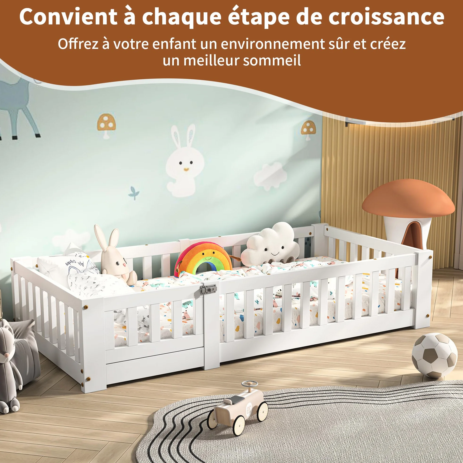 PerGar Cama Infantil 80x160 cm con Valla y Puerta, Somier, Madera Maciza Blanca