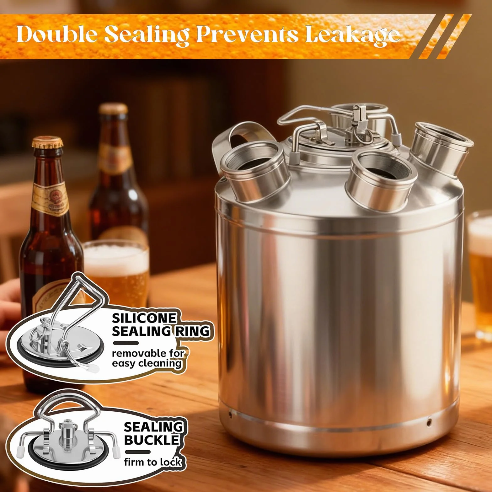 Barril de limpieza de cerveza, 10 L, acero inoxidable, depósito de limpieza de 4 cabezales, incluye pinchos A, S, G, D con tapa de cierre para dispensadores de cerveza, máquinas de té de