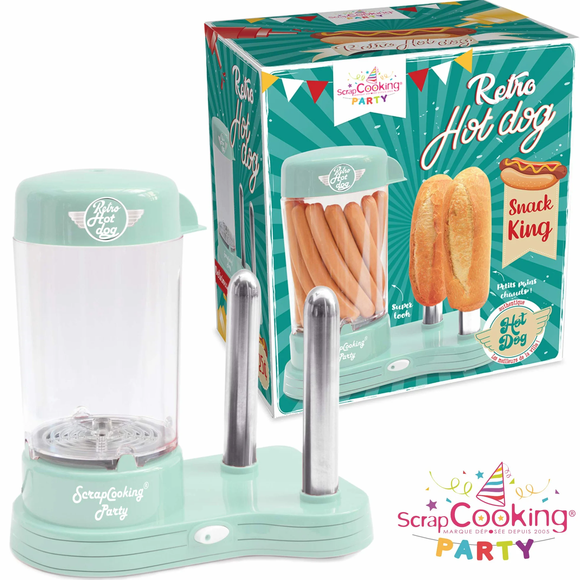 ScrapCooking - Máquina para Perritos Calientes - Máquina para Hacer Auténticos Hot Dogs U.S. - Capacidad para 12 Salchichas y 2 Panes - Estilo Retro Vintage para Fiestas, Barbacoas - Verde - 0601