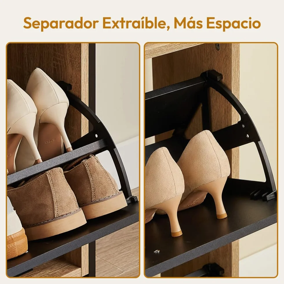 CASABEL Zapatero 4 Abatibles, Mueble Zapatero Entrada Negro & Madera, Diseño Moderno, Gran Capacidad 24 Pares, Mueble de Almacenaje para Pasillo, Entrada, Salón, L114xF24xH83 cm