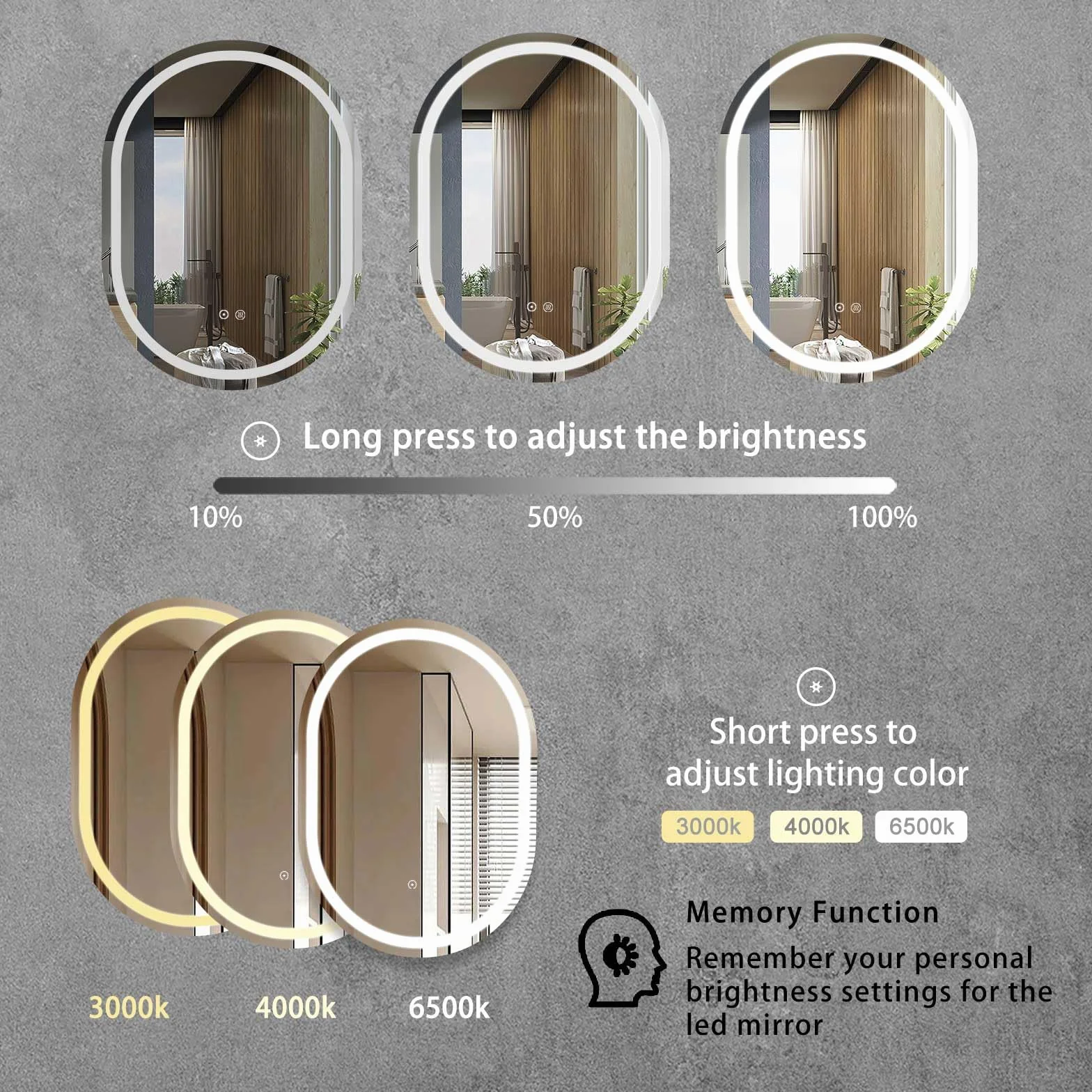 SaniteModar Espejo Ovalado Baño con Luz 60x80 cm, Espejo Baño LED Antivaho con 3 Temperaturas de Color y Brillo Ajustable, Función Memoria, Montaje Vertical, IP44 Impermeable