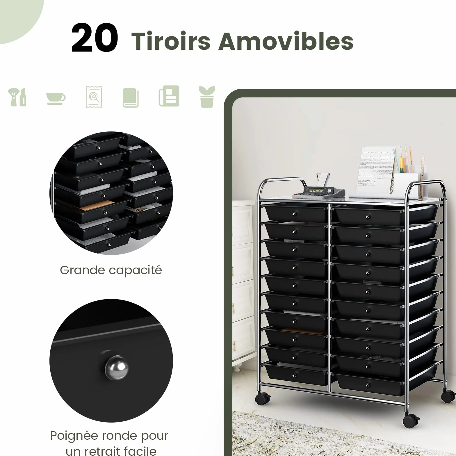 GOPLUS Carro de almacenamiento de metal con 20 cajones, torre de almacenamiento, carrito con 4 ruedas, 2 con frenos, cajones multicolores, ideal para salón, cocina, cuarto de baño (negro)