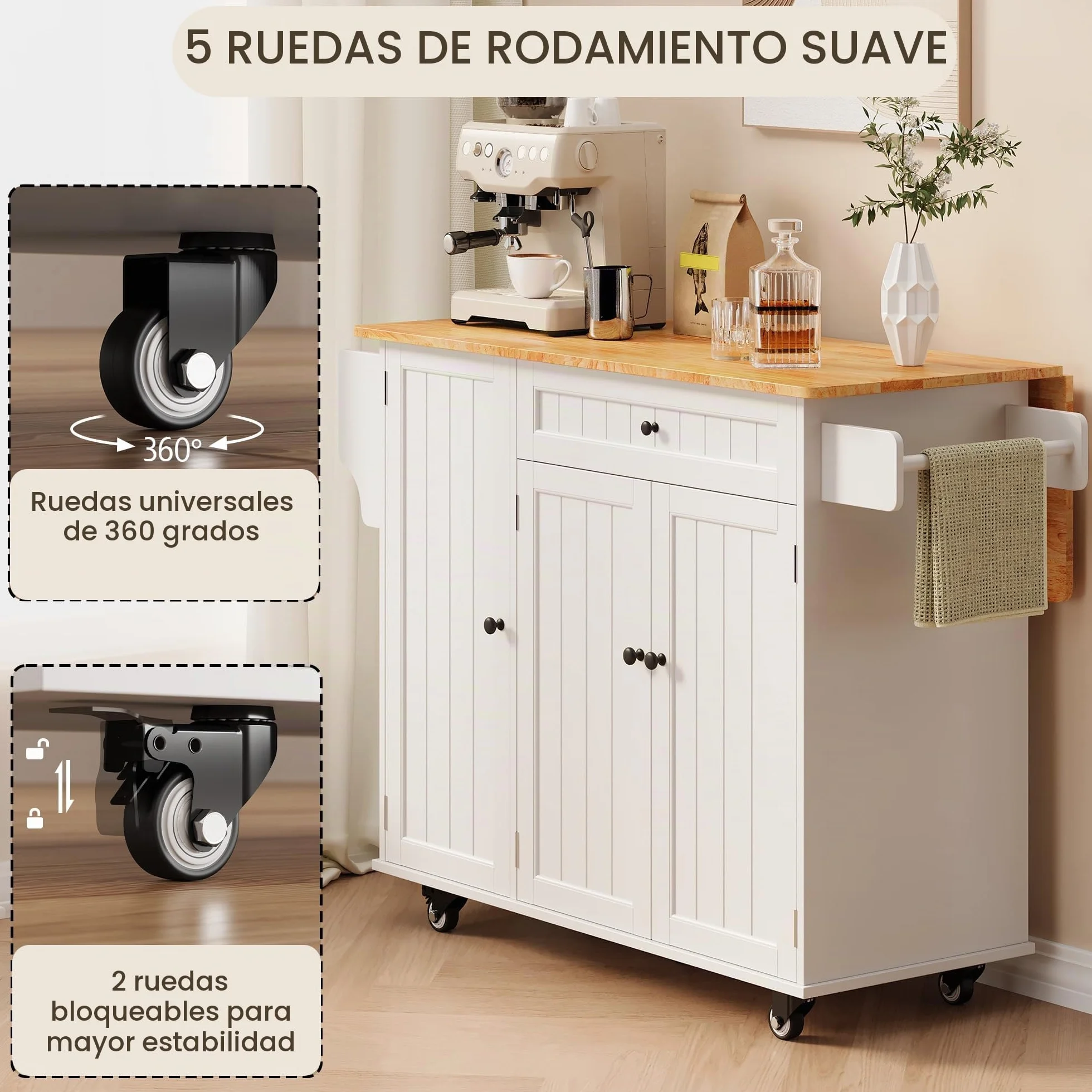 Xbro Isla Cocina con Ruedas, Mueble Auxiliar Cocina con Tablero Abatible, 1 Cajón y Estante, Isla de Cocina Compacta y Versátil, 130 x 75 x 88 cm, Blance