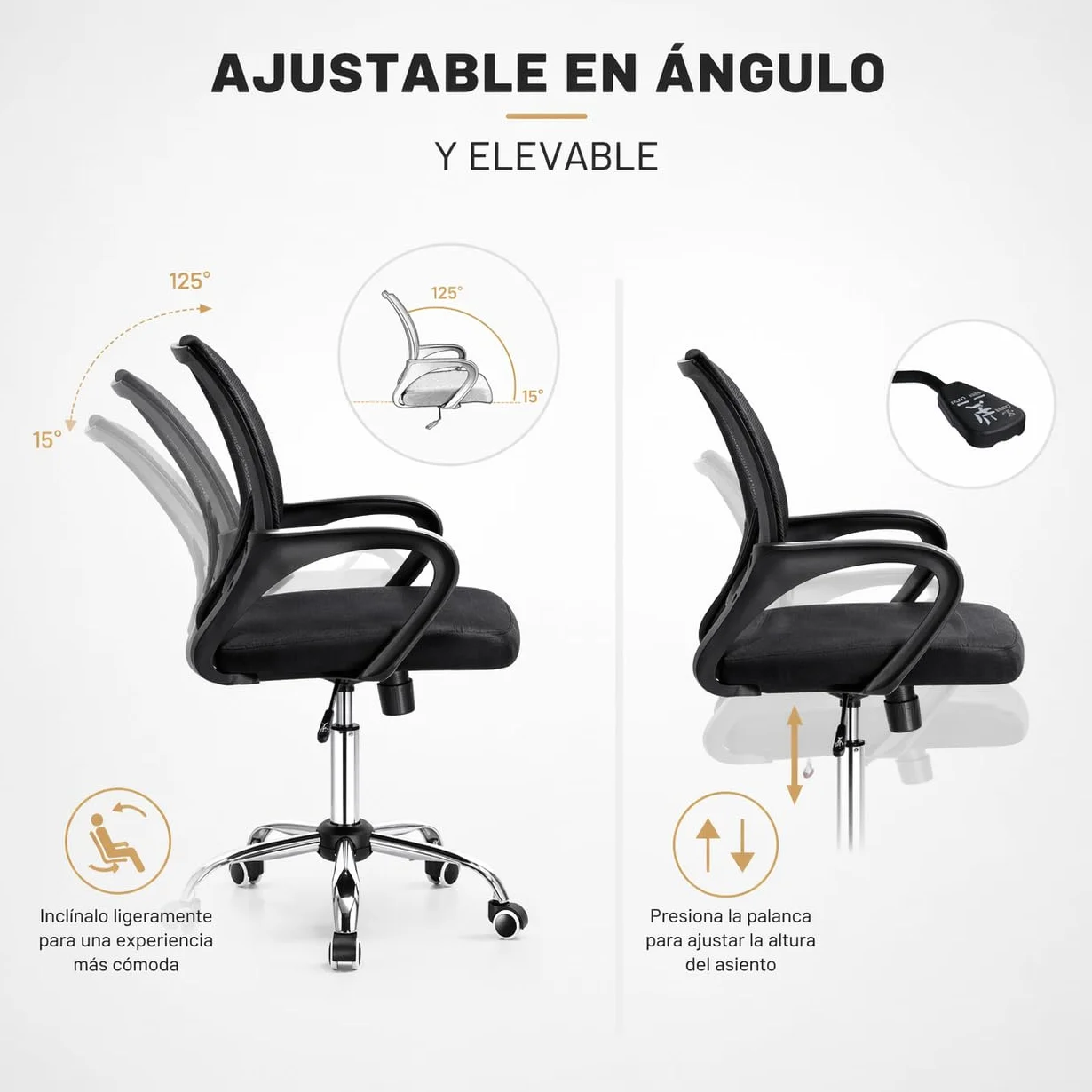 Silla de Oficina Ergonómica con Ruedas y Respaldo Transpirable Altura Regulable Soporte Lumbar