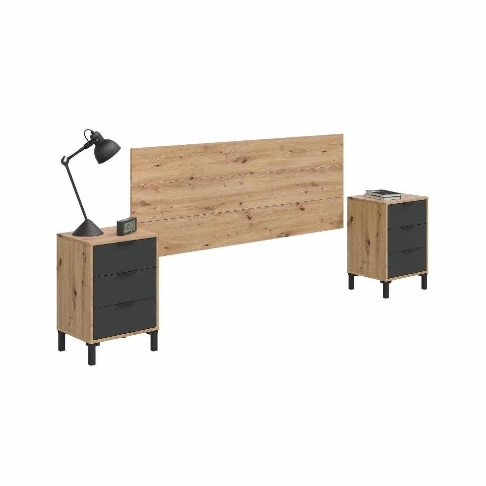 Mobelcenter, Conjunto Dormitorio Matrimonio Enzo, Color Roble Nodi y Gris Antracita, Cabezal para Camas de 135 y 150 cm, 2 Mesitas 3 cajones y Cómoda 4 cajones (1327, 1328)
