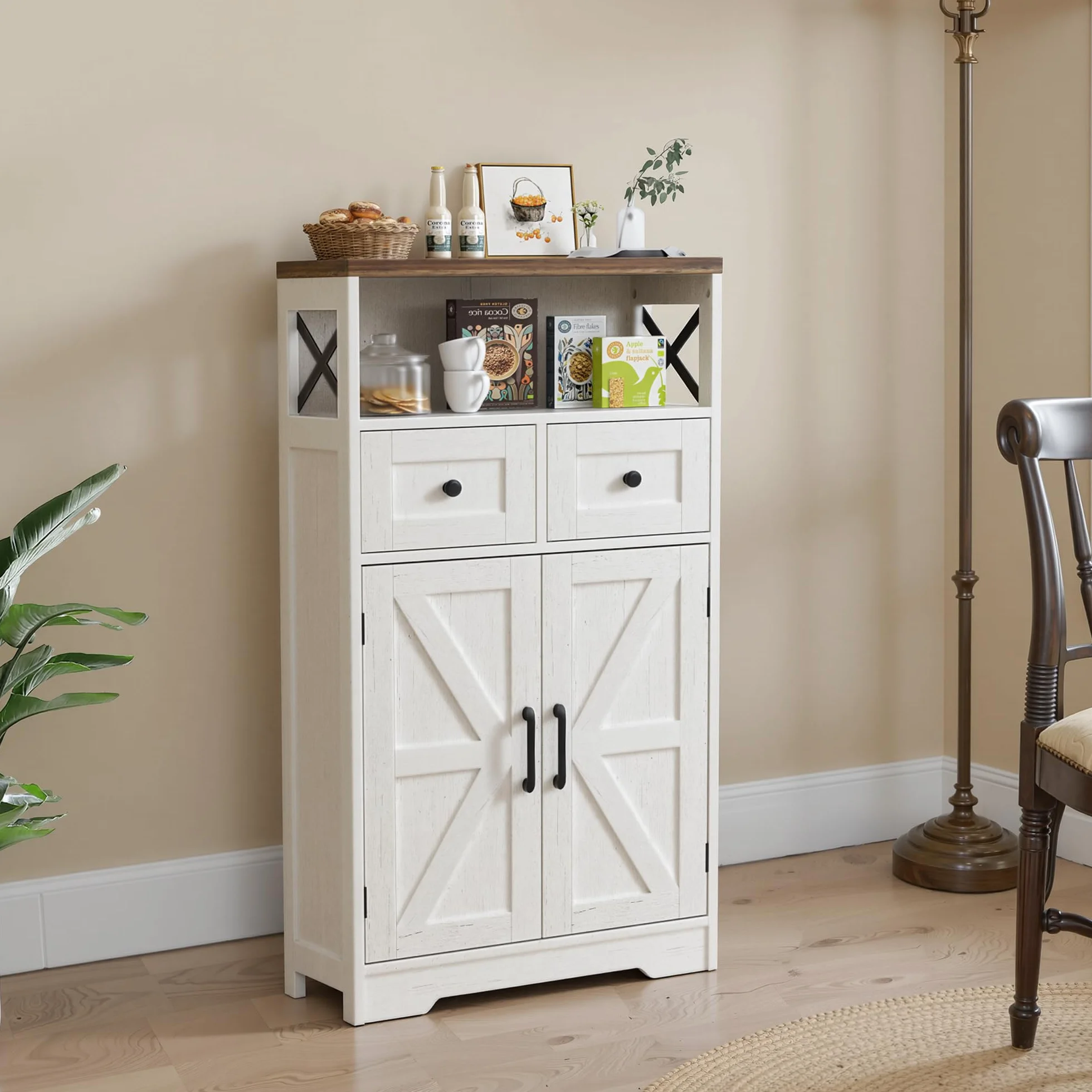 BonVache Aparador, armario de cocina con cajones, armario de almacenamiento, aparador con estante abierto, gabinete de cafetería para cocina, comedor, sala de estar, 58 x 29 x 108 cm, Blanco
