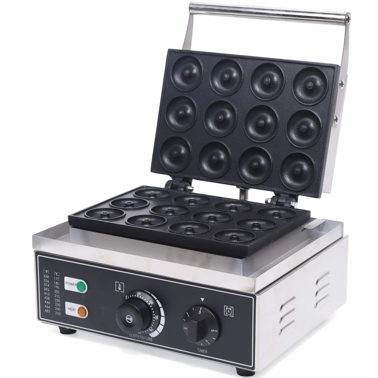 Máquina de donuts eléctrica 1550 W, 12 moldes antiadherentes – Freidora profesional para café, panadería y hogar | Ajuste de temperatura 50-300 °C y temporizador, acero inoxidable, 220 V