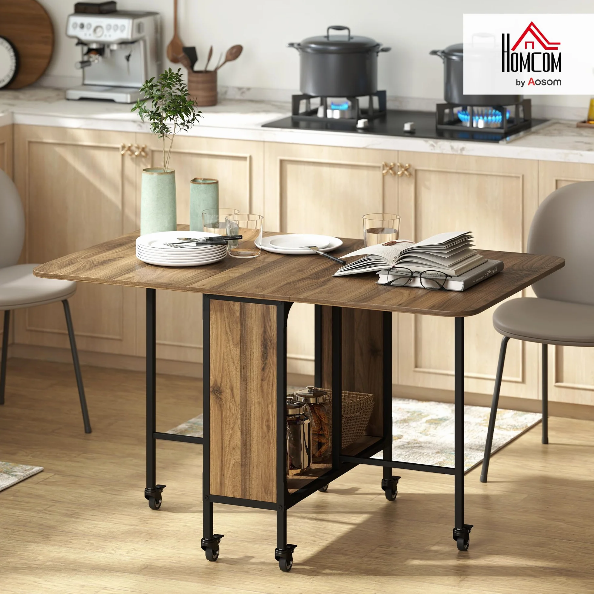 HOMCOM Mesa Plegable de Comedor con Ruedas Alas Abatibles y Estante de Almacenamiento Mesa de Cocina Plegable para Salón 130x80x74 cm Madera Marrón