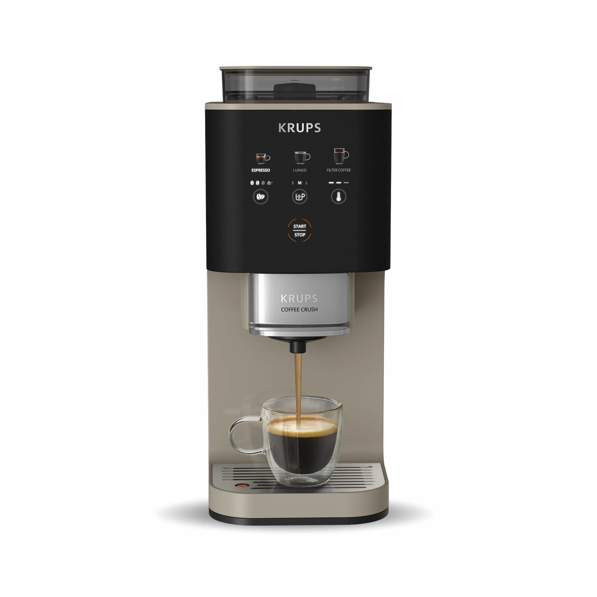 KRUPS Coffee Crush, Cafetera automática, Café en Grano y Molido, 15 Bares, 3 recetas de café, 3 niveles de temperatura y de molienda, Pantalla táctil, Compacta 15 cm de ancho, Beige, SA402AE0