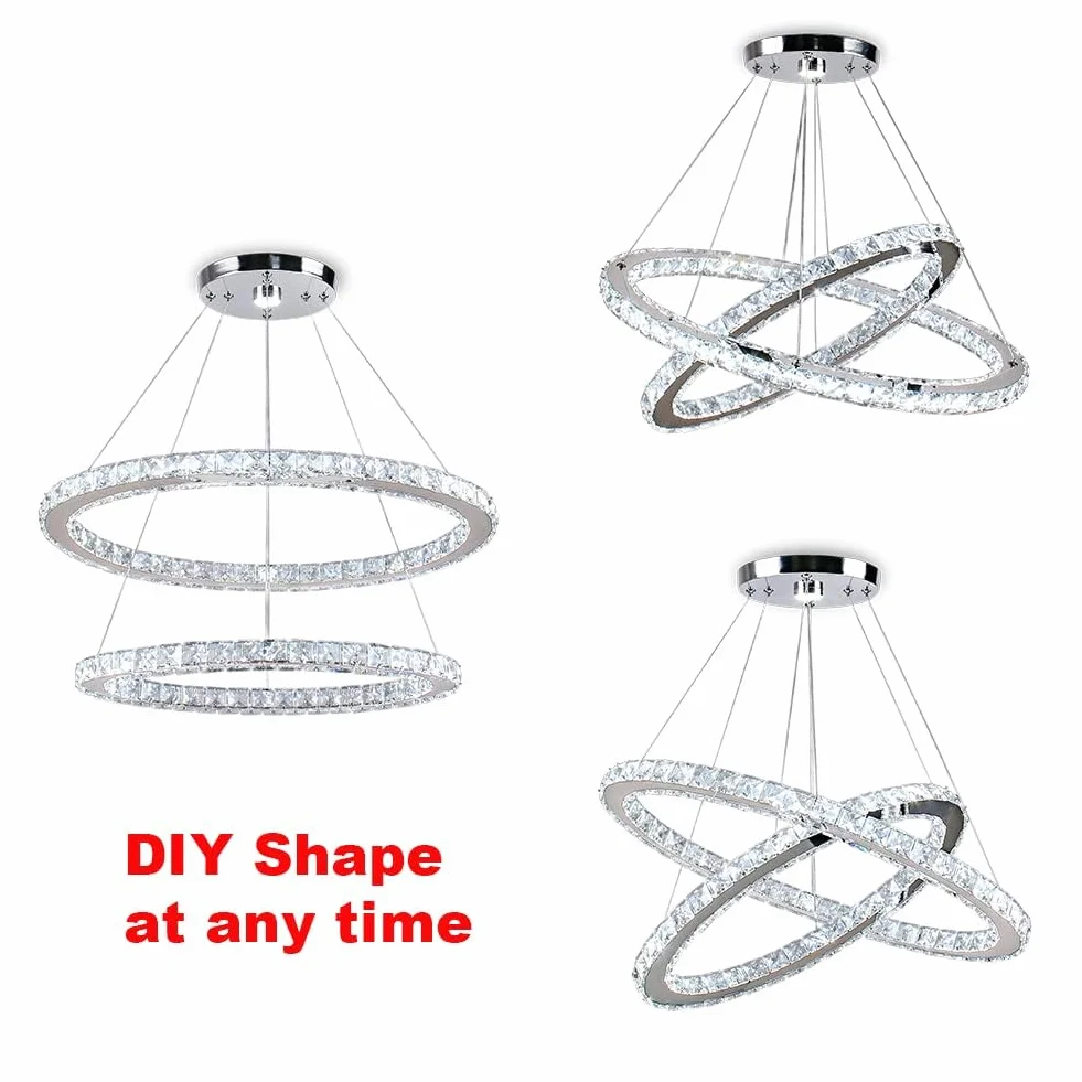 Finktonglan Candeliers de cristal Luz de colgante ovalado Moderno 2 anillos LED Forma ajustable, lámparas de iluminación colgante de 60 cm para dormitorio de comedor (6500k blanco)