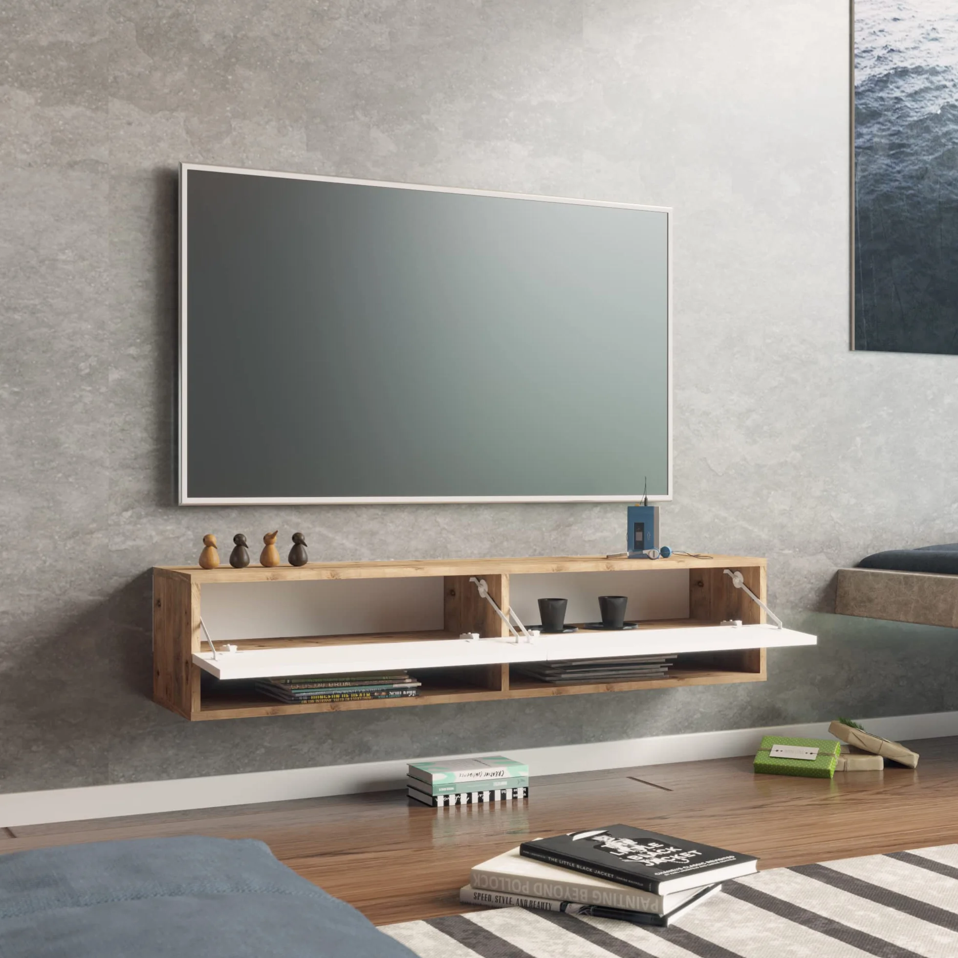 [en.casa] Mueble TV Suspendido con Espacio de Almacenaje Mesa Tele de Pared con 2 Puertas y 2 Estantes Aglomerado 140 x 32 x 30 cm Roble Rústico/Blanco