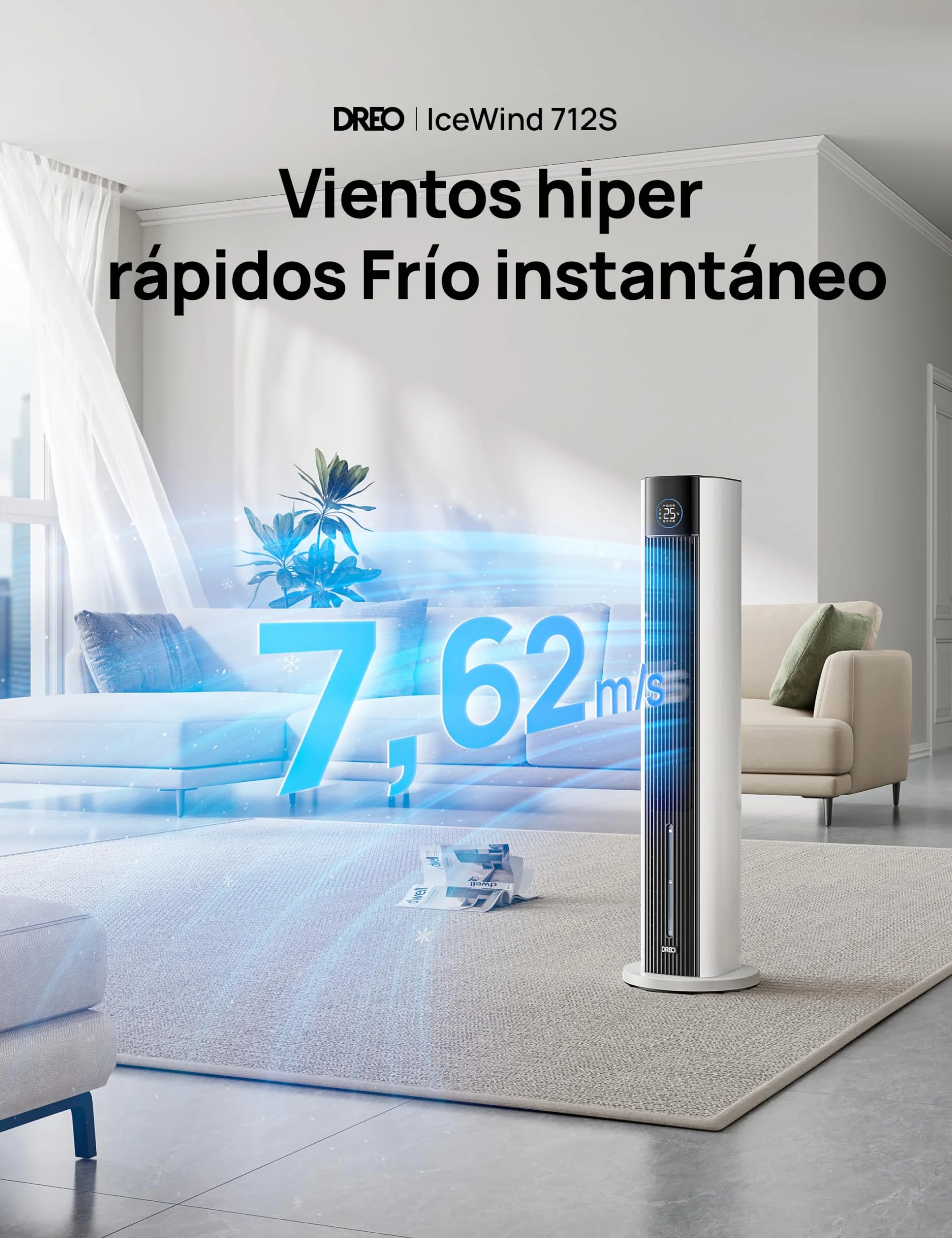 DREO Ventilador de Torre con enfriamiento por agua, enfriador 110 cm, silencioso, 4 velocidades, 4 modos, evaporativo, control app, paquete de hielo, oscilación 80°, temporizador 12 h, blanco