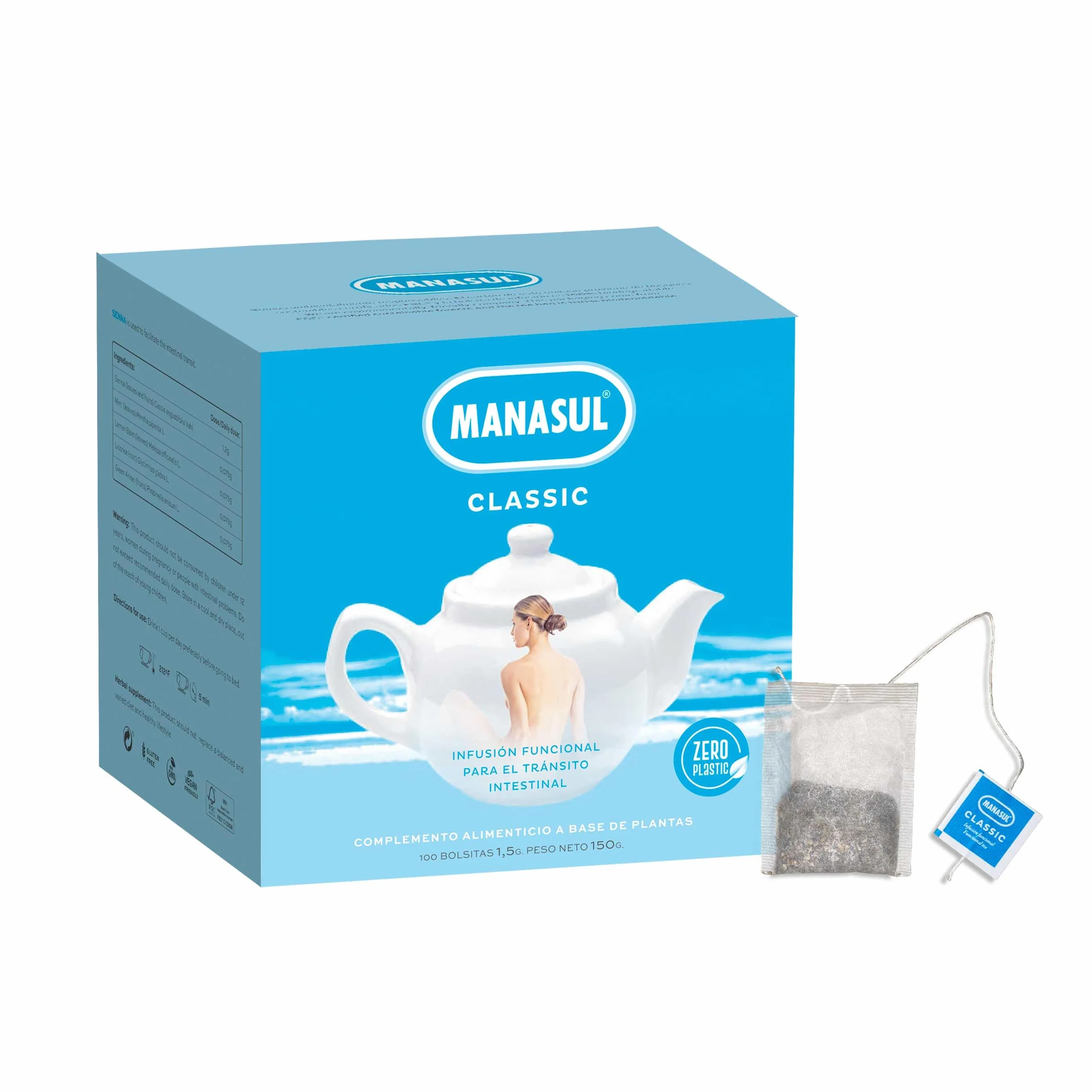 MANASUL Classic Infusión Laxante Sen Melisa Menta Regaliz Anis Verde 100% Natural Caja 100 Bolsitas