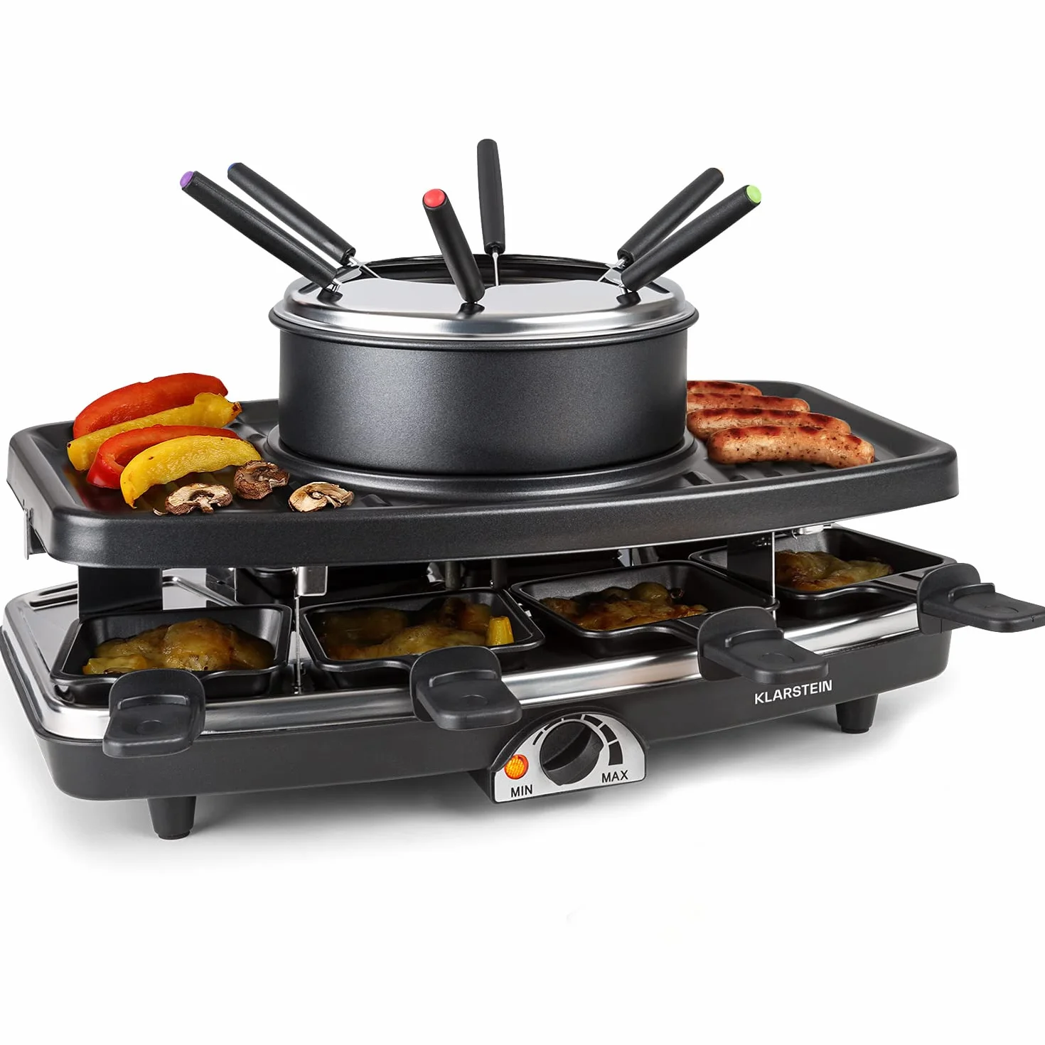 Klarstein Entrecote Raclette - Fondue, Parrilla, Barbacoa-Party, 1100W, regulador de calor continuo, 8 sartenes, Antiadherente, 6 tenedores Fondue, Grill bajo grasa, Negro