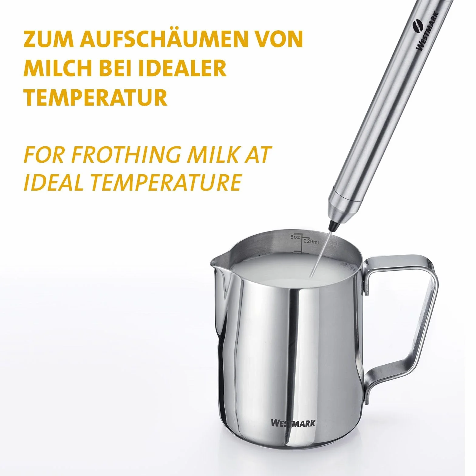 Termómetro para la leche Westmark – práctico termómetro de cocina para espumar leche, deliciosa espuma de leche para el café, termómetro de barista con pinza – acero inoxidable