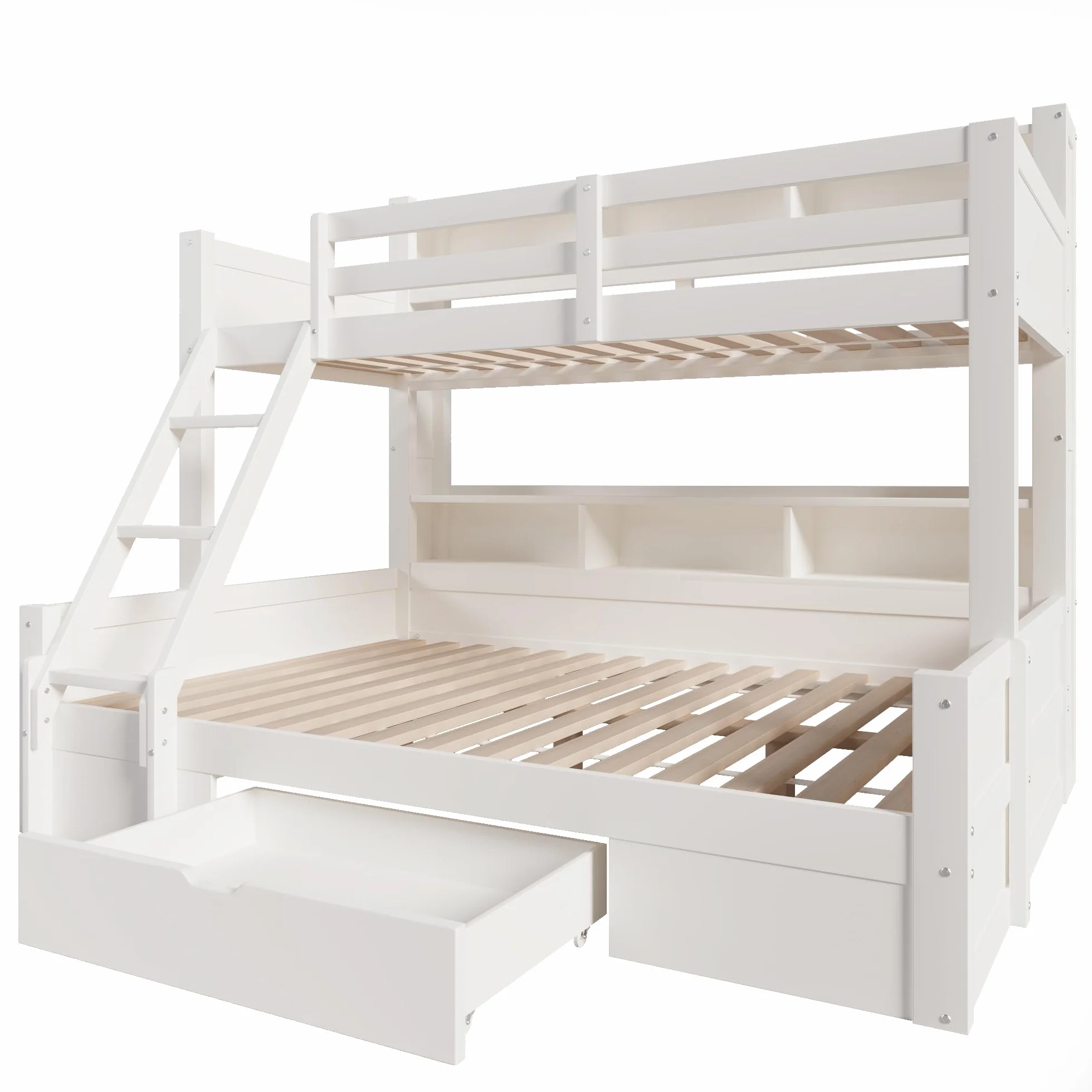 Litera de 90(140) x200 cm con Luz LED y Compartimentos Abiertos, Cama Litera Matrimonio con Cajón y Escalera, Cama Infantil Literas Infantiles con Barandilla Anticaída, Sin Colchón, Blanco