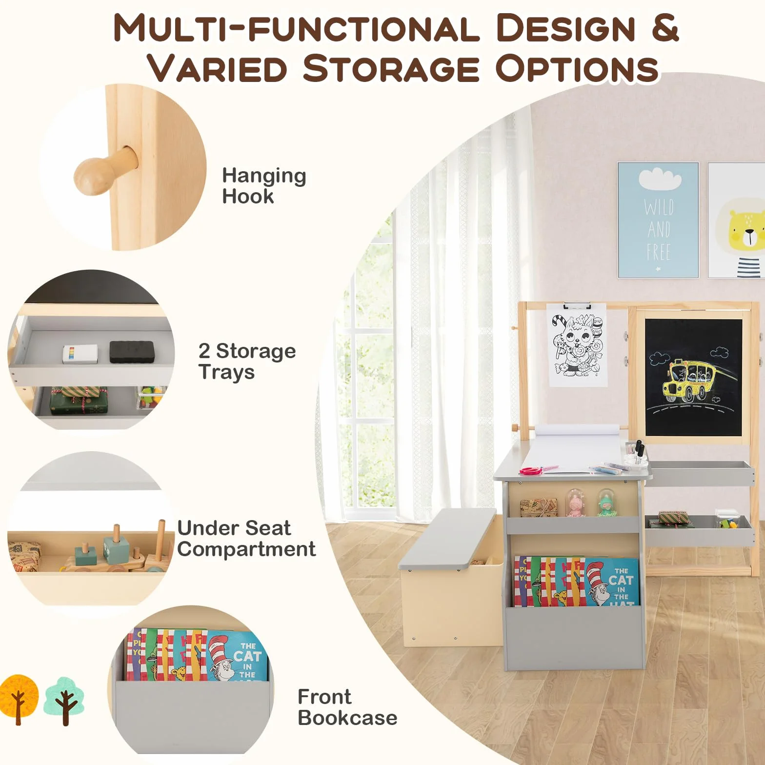 LIFEZEAL Mesa Infantil con Banco, Juego de Caballete con Pizarra de Doble Cara, Conjunto de Mesa y Silla para niños de 3+ años, Estante para Juguetes y Libros, Rollo de Papel y rotulador (Gris)