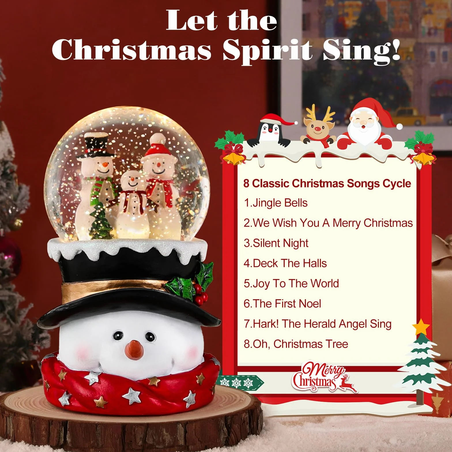 Lewondr Globo de Cristal Nieve Navideño, Hombre de Nieve, Spinning Glow y 8 Canciones, Caja Musical Árbol Navidad, Alimentado por la Batería Lámpara de Navidad