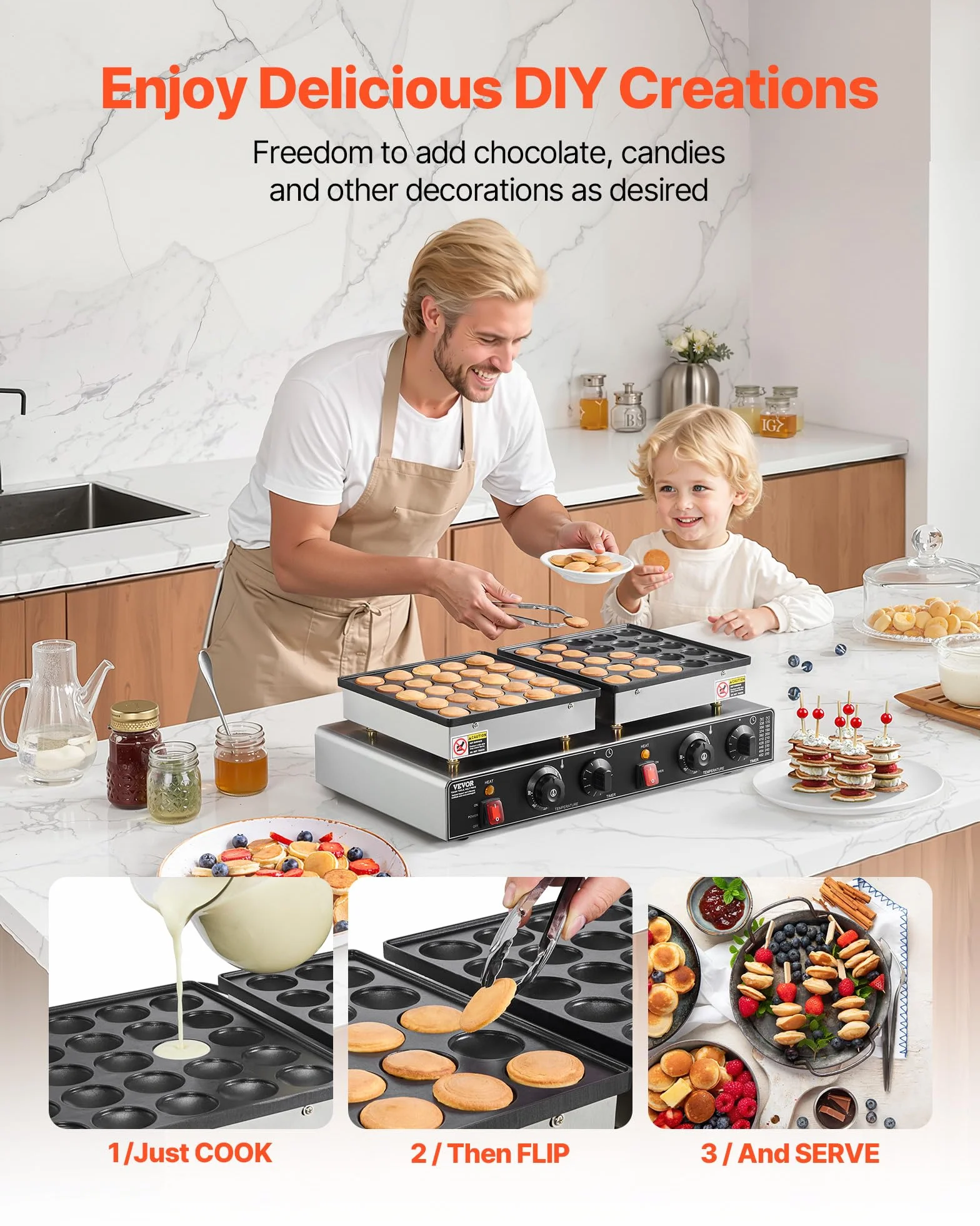 VEVOR Mini Máquina Holandesa para Hacer Panqueques, de Acero Inoxidable Antiadherente, para Dorayakis, 1800 W, Control de Temperatura y Tiempo Dual, para Cocina, Restaurante, 580 x 350 x 175 mm