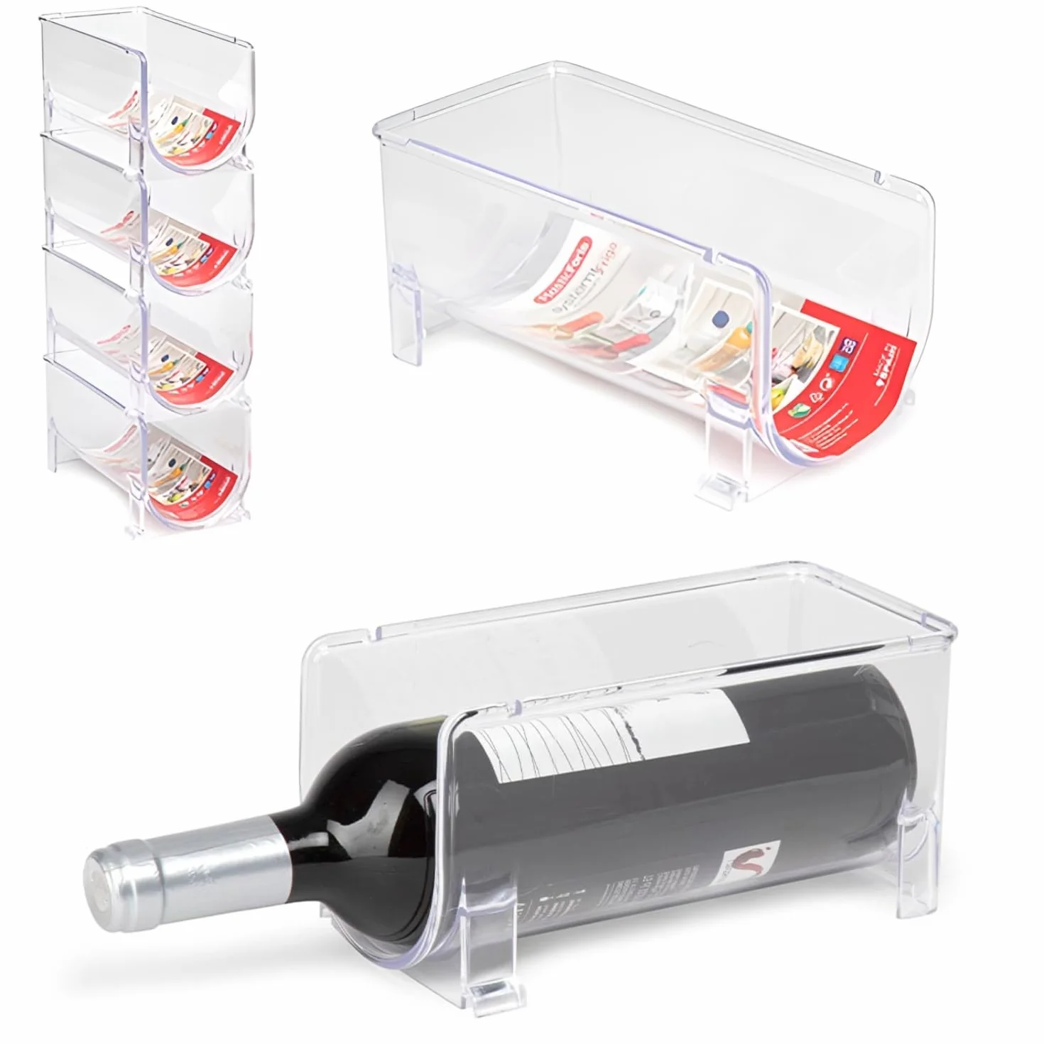KROWN - Organizador de Botellas 10x10x20cm, Apilable Transparente, Botellero para Vino y Nevera, Almacenamiento en Encimera, Porta Botellas (4 Unidades)