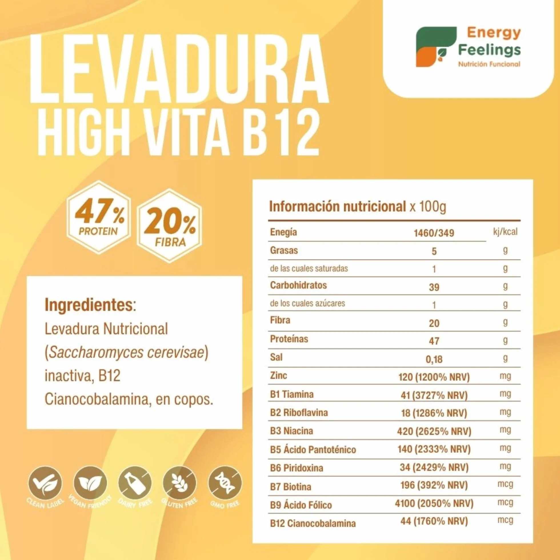 Levadura Nutricional B12 250g, Nutritional Yeast en Copos, Rica en Vitamina B y Proteínas 47%, Sin Gluten Inactiva