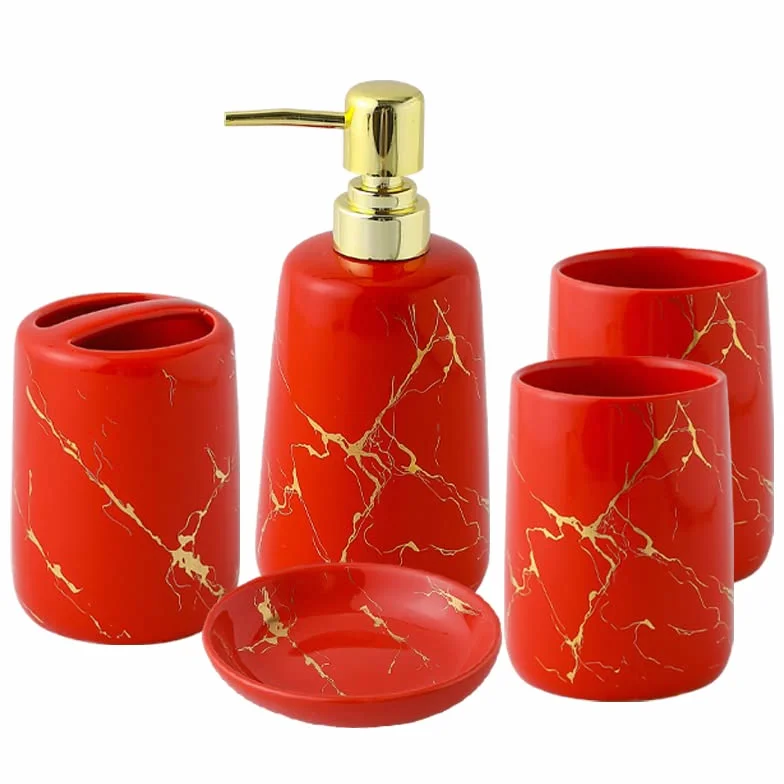 HYLR Juego de Accesorios de baño, Juego de baño de cerámica Marbling de 5 Piezas, dispensador de jabón, Vaso, Soporte para Cepillo de Dientes, jabonera, Buen Regalo para un Nuevo hogar bathroo