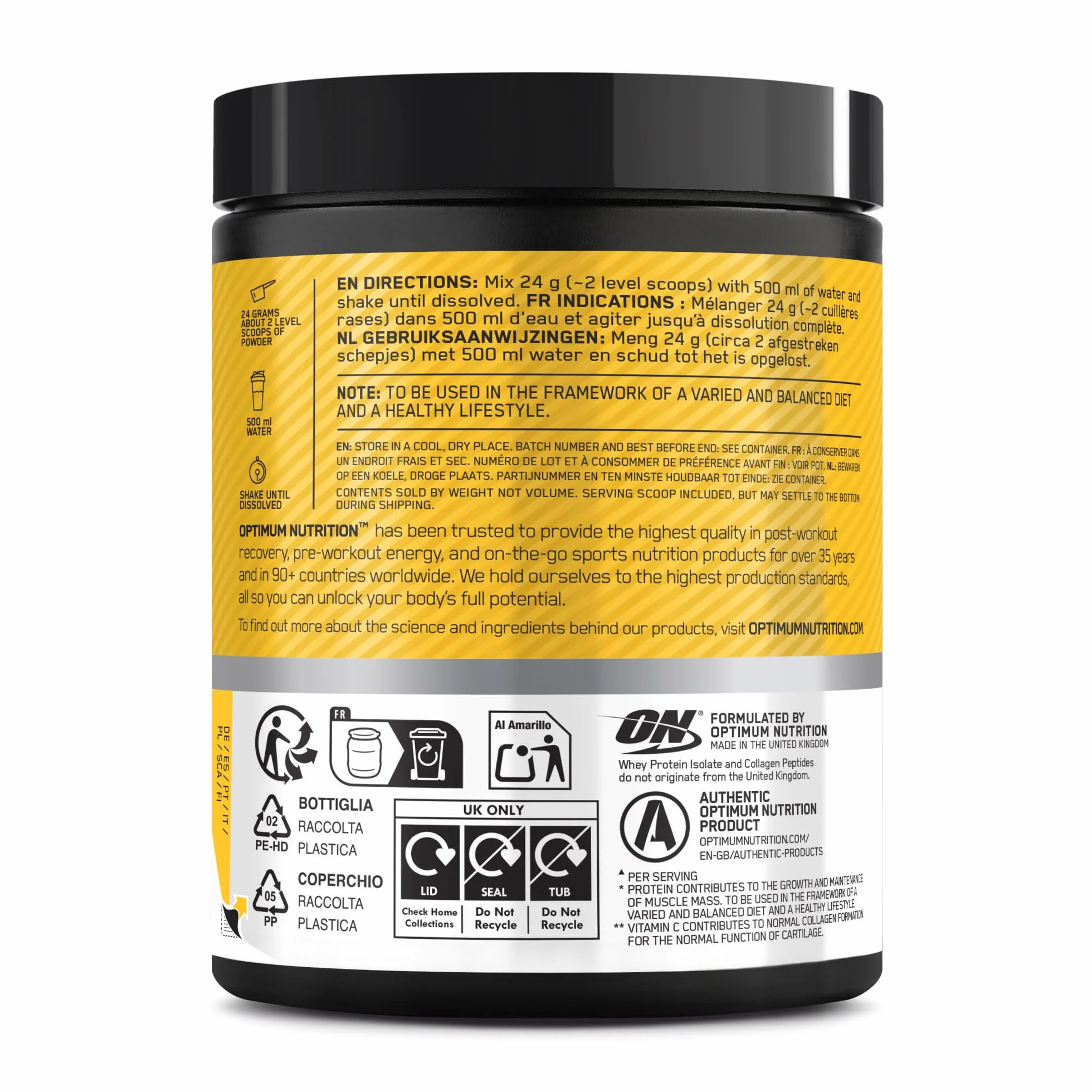 Optimum Nutrition Clear Whey + Colágeno, Té Helado Frutas de Verano, 240 g, 10 Porciones