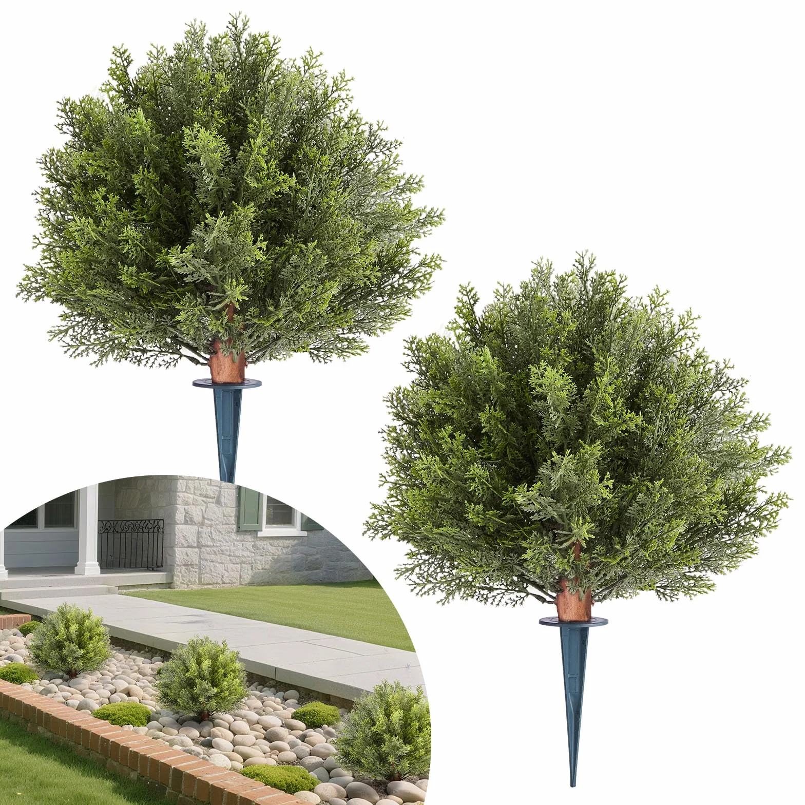VEVOR Bola de Topiario Artificial de Ciprés para Exterior con Estaca, 406 mm, 2 uds, Plantas Artificiales, Arbustos de Imitación para Decoración, Porche, Patio, Jardín, Balcón y Patio Trasero