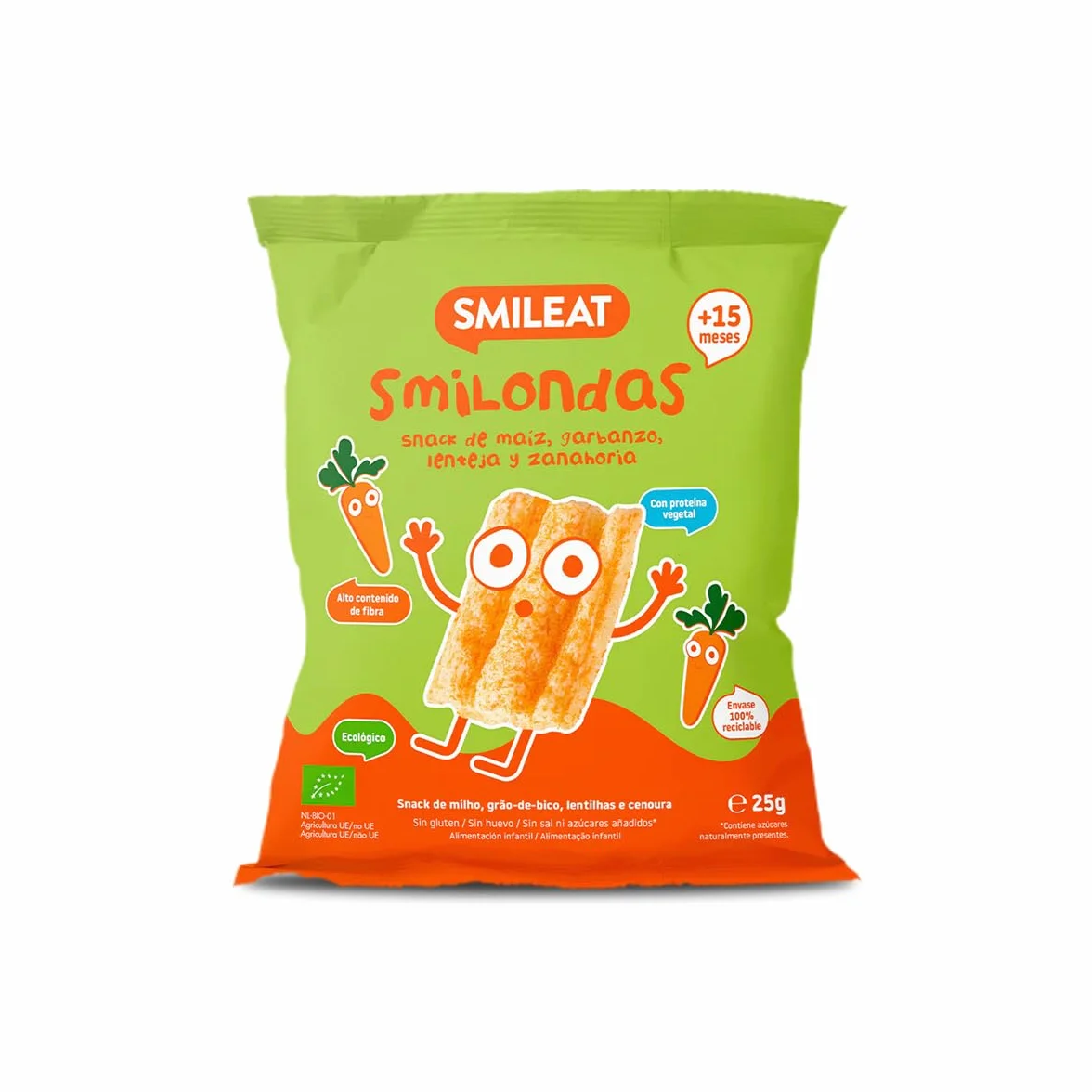 Smileat Smilondas Snack Ecológico Maíz Garbanzo Lenteja Zanahoría Horneadas Ingredientes Reales Bebés 15 Meses 1x25g