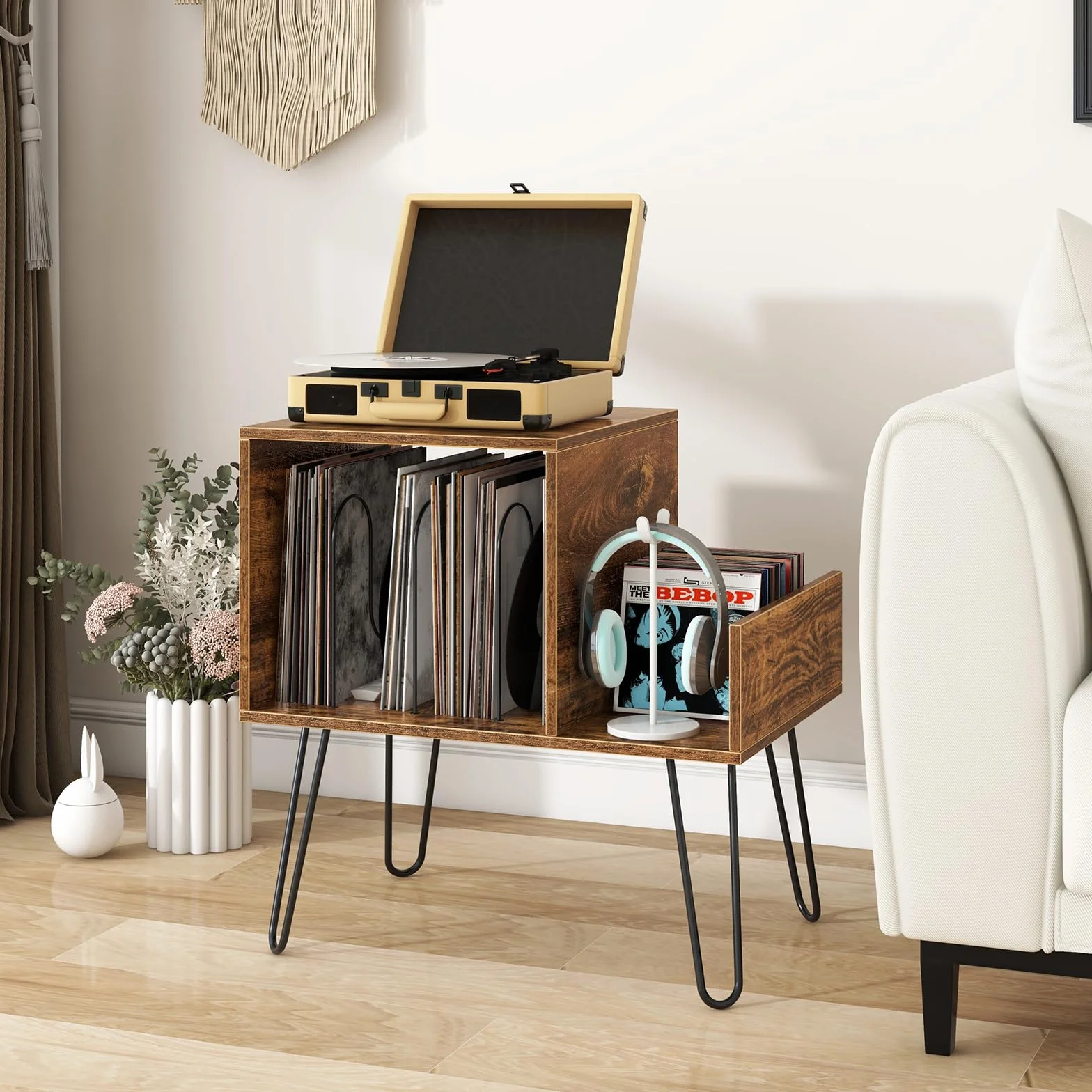 KOMFOTTEU Soporte para Tocadiscos con Estación de Carga, Estantería para Discos de Vinilo, Mesa Auxiliar para 145 Álbumes, Marrón