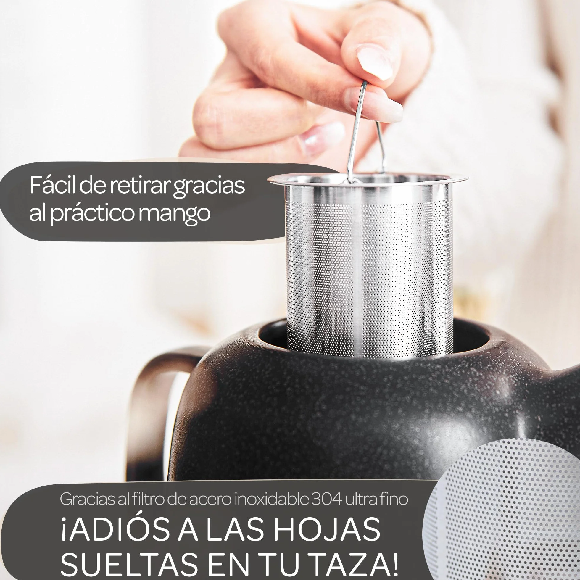 STEINZEIT Tetera de cerámica negra 1,3 L con colador de acero inoxidable 304