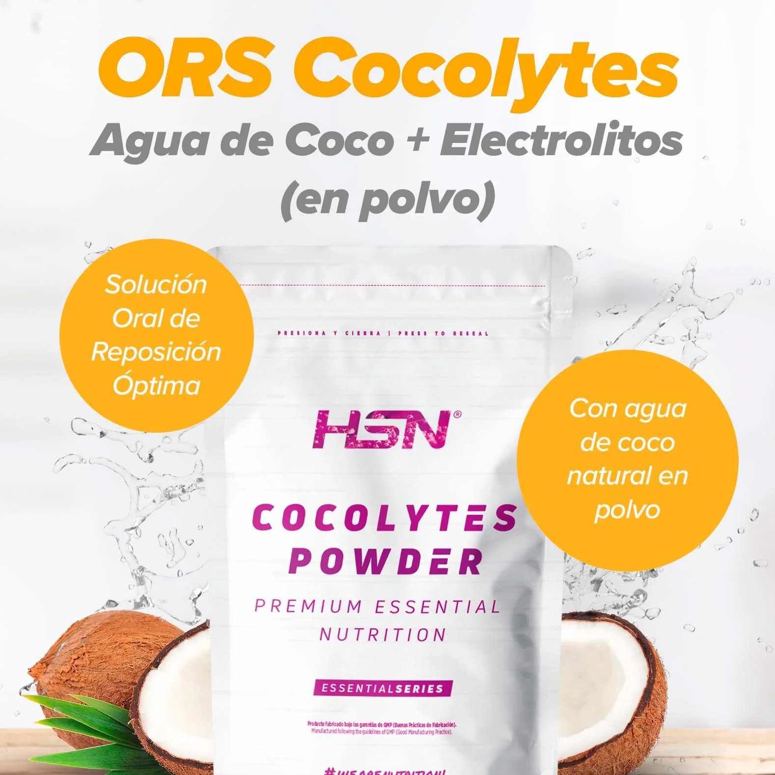 HSN Cocolytes Agua de Coco con Electrolitos Limón 500g Baja Osmolaridad Sales Minerales No-GMO Vegano Sin Gluten