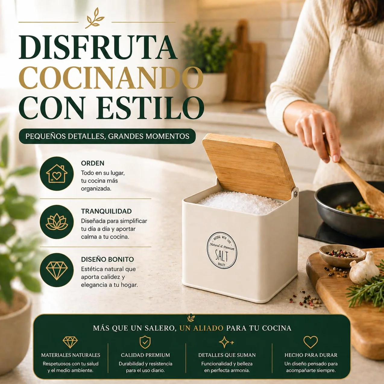 TIENDA EURASIA – Salero de Cocina con Tapa de Bambú | Recipiente para Sal | Diseño Moderno | 11x14x11 cm | Estructura Metálica | Tapa Abatible | Ideal para Cocina y Mesa (Crema)