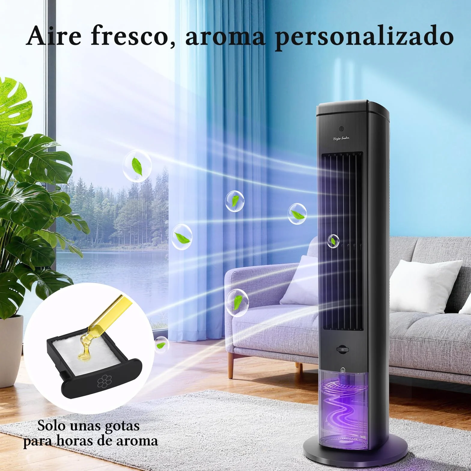 Taylor Swoden Climatizador Evaporativo Silencioso 5 en 1 con Tecnología ION y Difusor de Aromas, Enfriador de Aire, 5L, Oscilación 75°, 3 Velocidades/Modos, Temporizador 7h, Mando a Distancia, Negro
