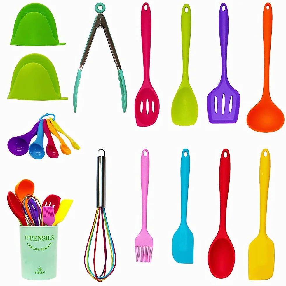 Juego de 18 utensilios de cocina de silicona, antiadherentes, resistentes al calor, sin BPA, herramientas no tóxicas, pinzas giratorias, cucharón, batidor, apto para lavavajillas, colorido TIBLEN
