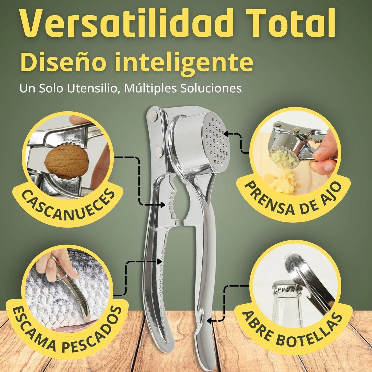 Prensa de Ajo Multifunción Acero Inoxidable Picadora Manual Triturador Pelador Ajos Cepillo Limpieza Cascanueces Escamador Abridor Botellas