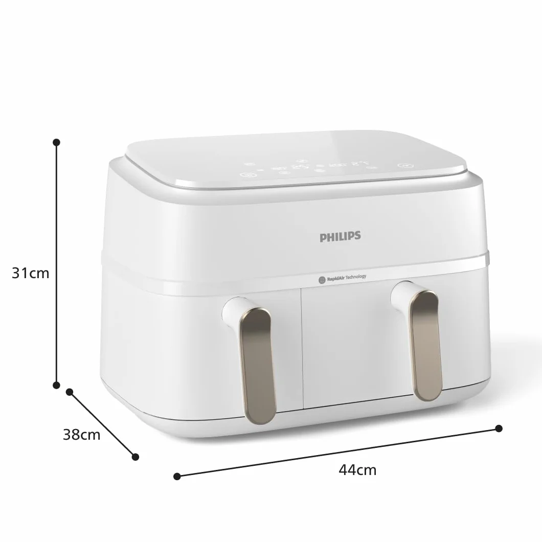 Philips Freidora de Aire Serie 3000, Doble Cesta 9L, 8-en-1, Sincronización Automática, 90% Menos Grasa, Tecnología Rapid Air, Apta Lavavajillas, con App HomeID, Blanca (NA353/10)