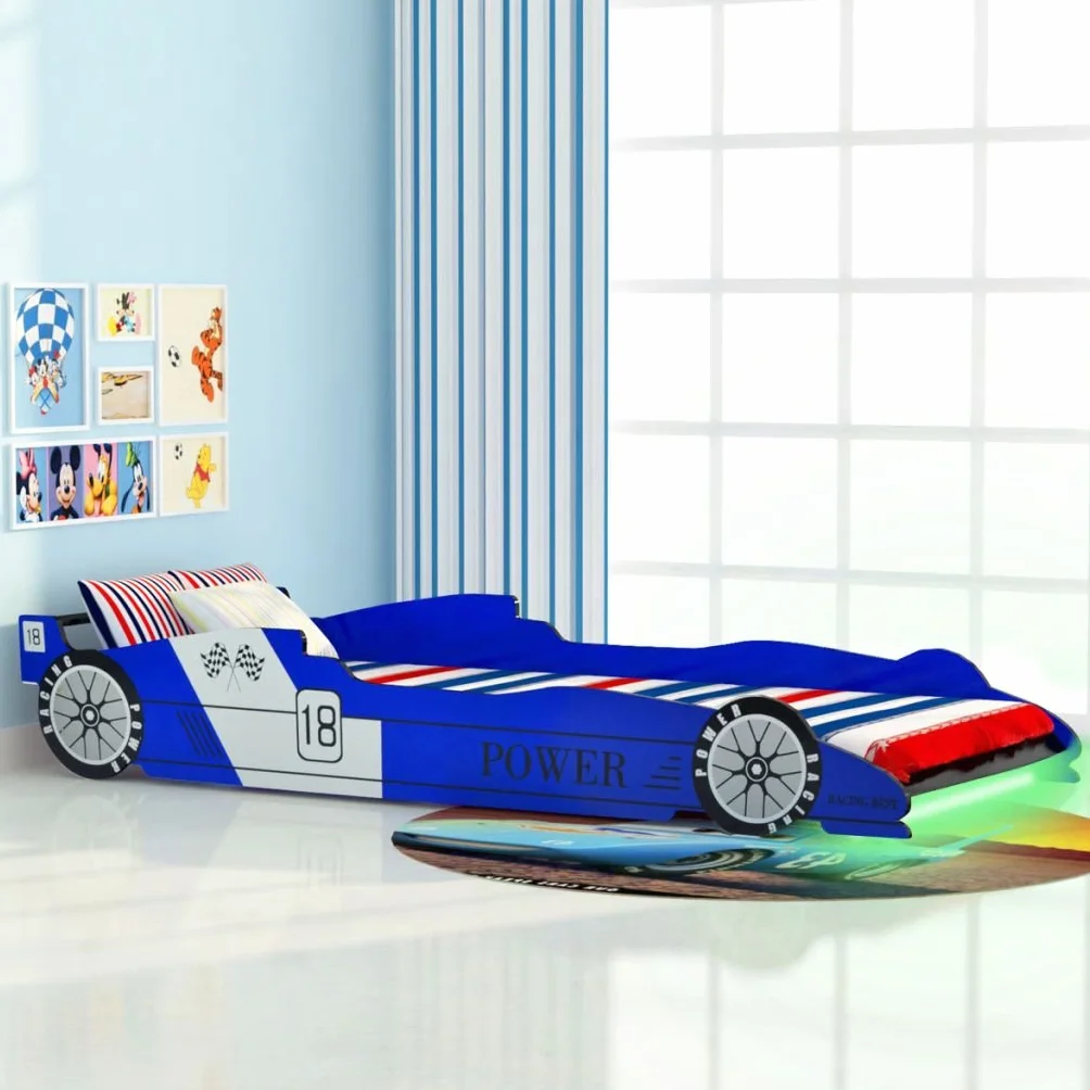vidaXL Cama para Niños con Forma de Coche de Carreras con Luces LED Muebles para Habitación Infantil 90x200 cm MDF Azul