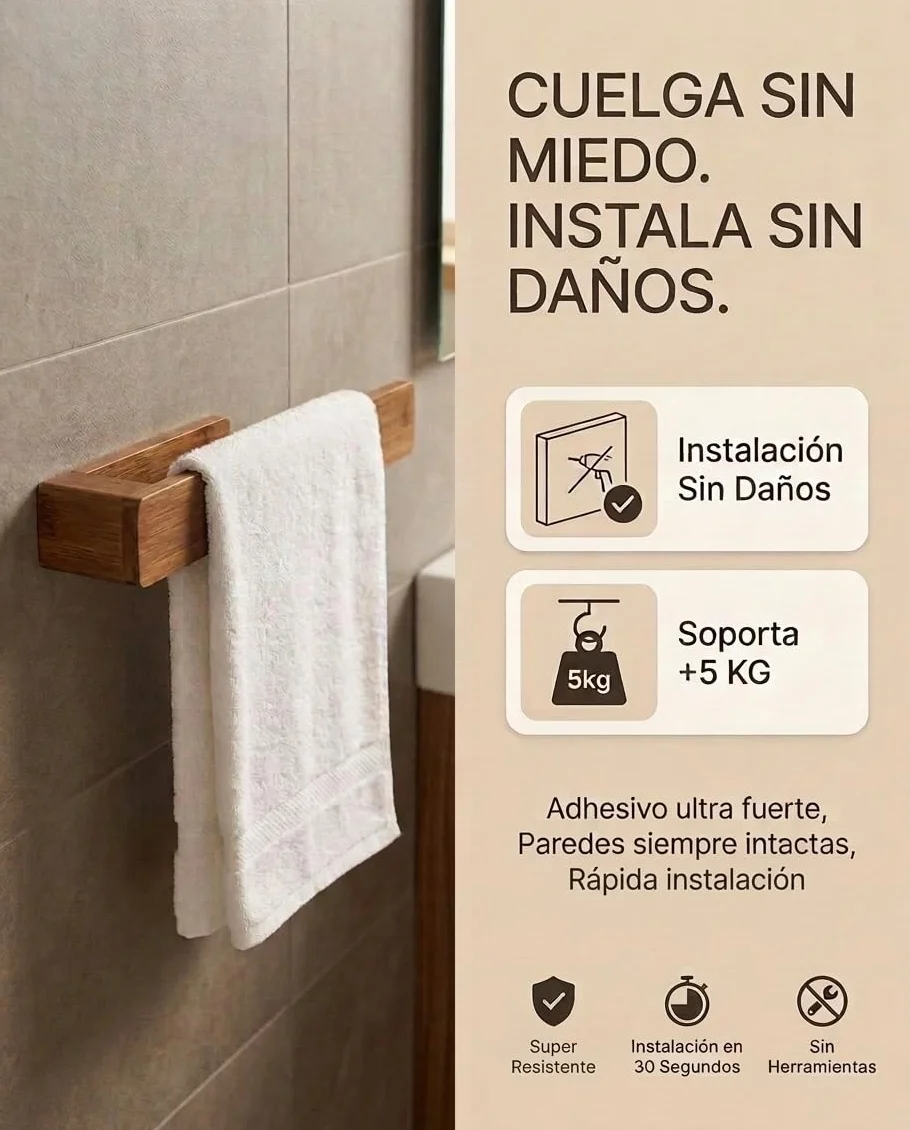 Toallero de Baño sin Taladro Bambú Natural Adhesivo Extra Fuerte 5kgs 23cm