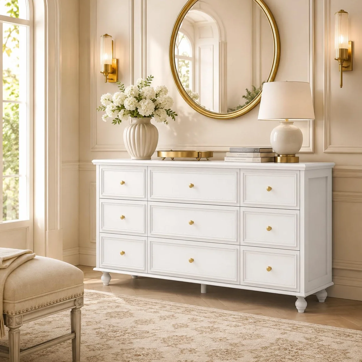 Aparador de sala de estar, cómoda con 9 cajones, mueble de almacenamiento versátil para pasillo, dormitorio y sala de estar, blanco, asas doradas, MDF, 160 × 40 × 80 cm