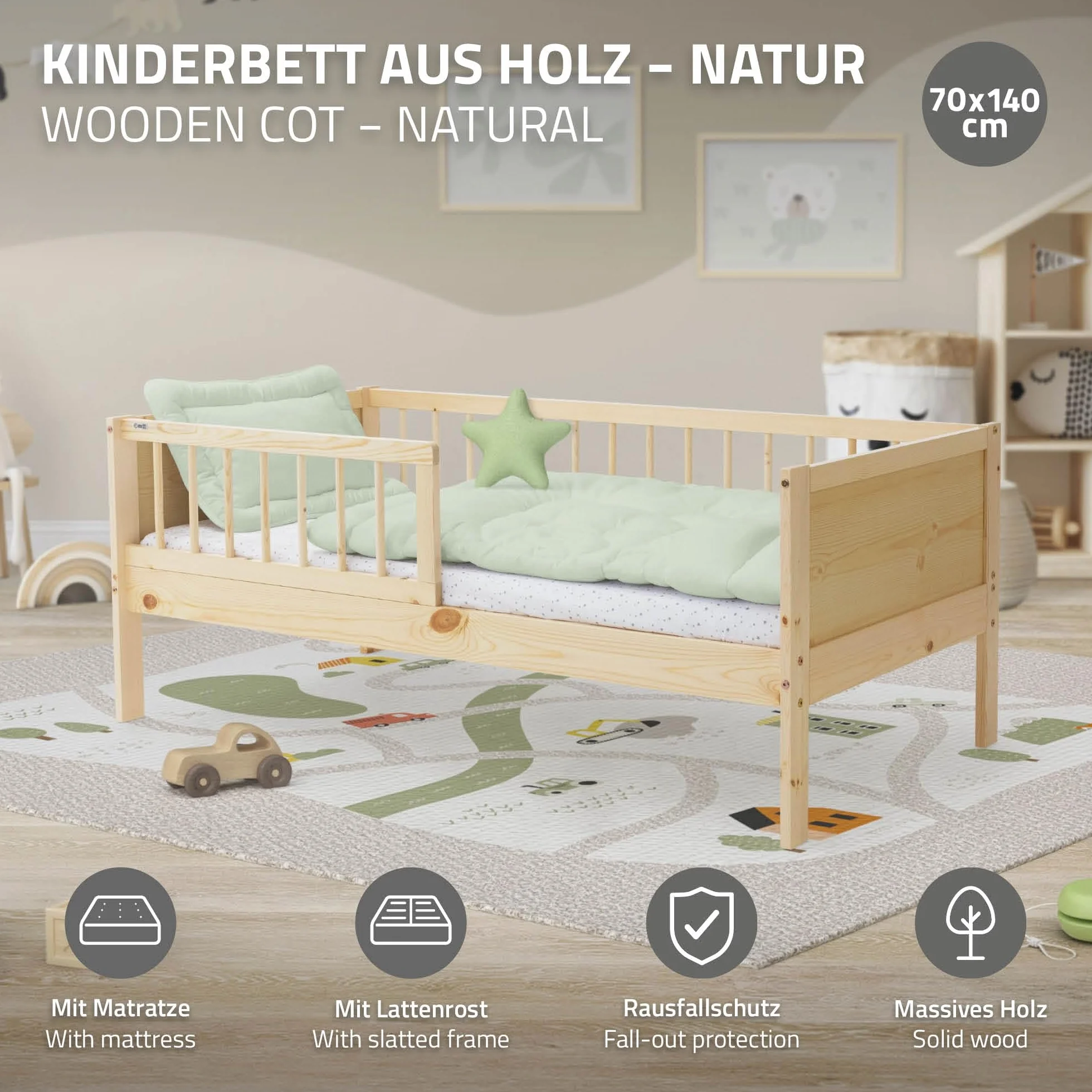 ML-Design Cama Infantil Natural con Colchón De Espuma Fría 70x140cm Madera de Pino Maciza con Somier de Láminas y Protección Anticaída Estructura Robusta Mueble de Dormitorio para Niños/Bebés
