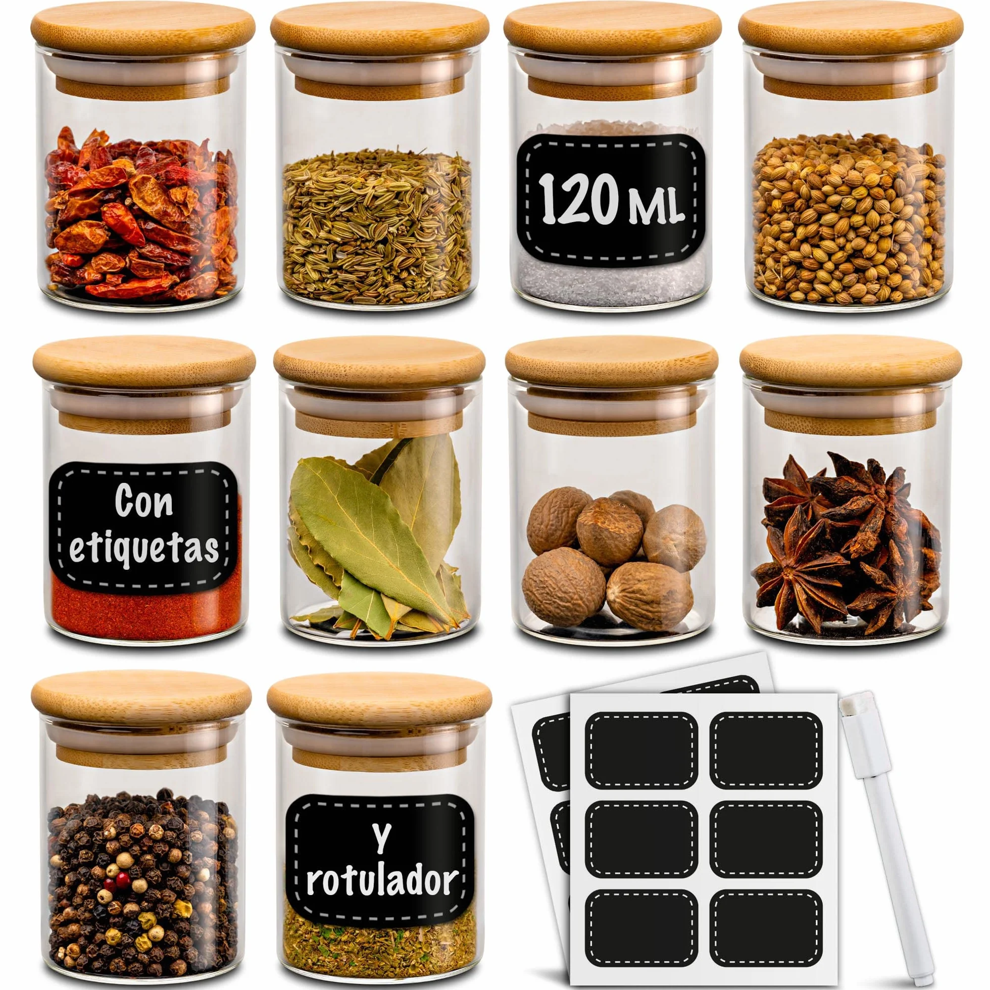 Praknu Botes Especias Cristal 120 ml 10 Tarros con Tapa Rotulador Etiquetas Herméticos Lavavajillas Organizador Cocina
