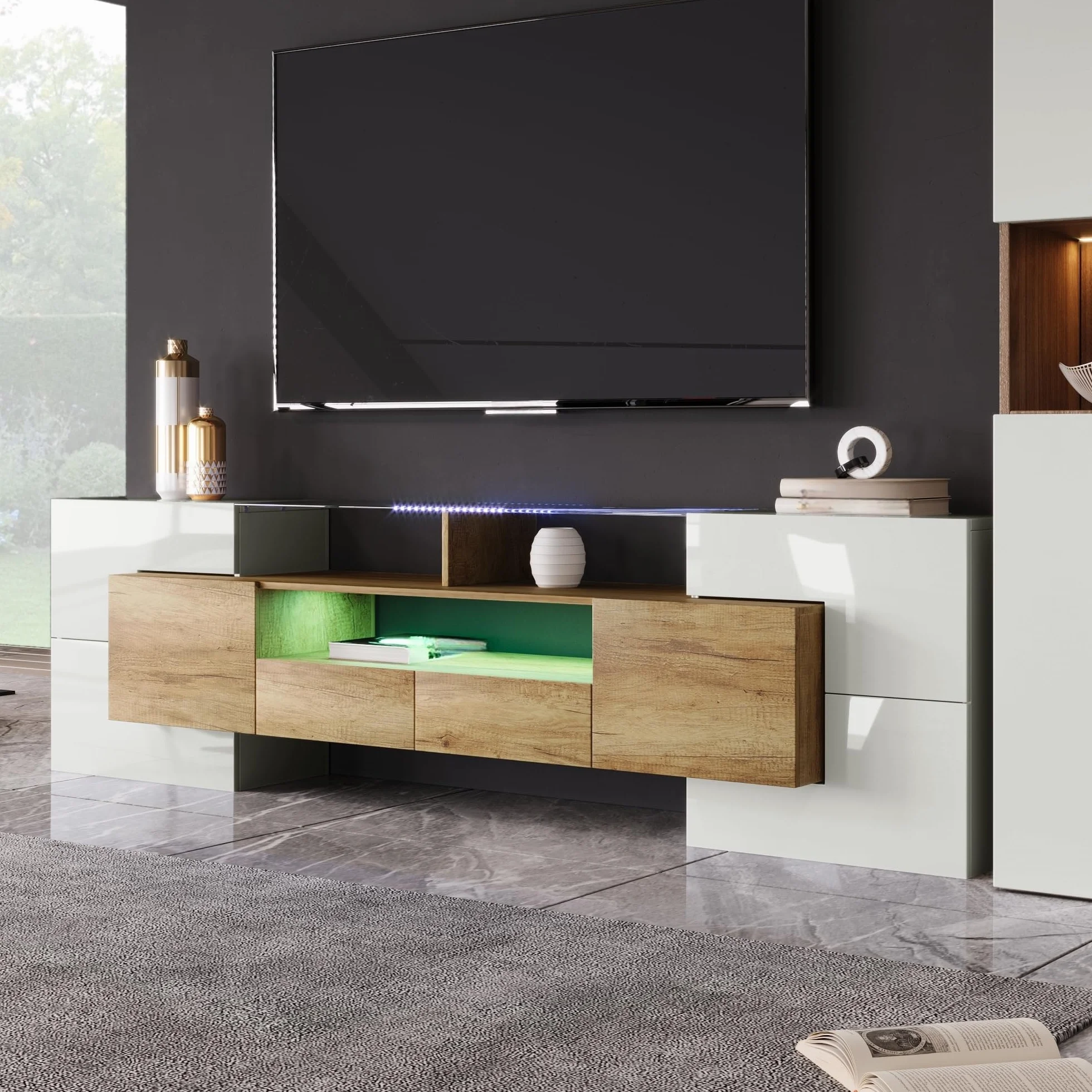 LAKFEW Mueble TV 200cm de hasta 85 Pulgadas con Iluminación LED y Almacenaje, Mueble TV Salon con 6 Puertas y 2 Cajones, Muebles TV con 3 Compartimentos, 200x35x60 cm, Blanco+Color Madera