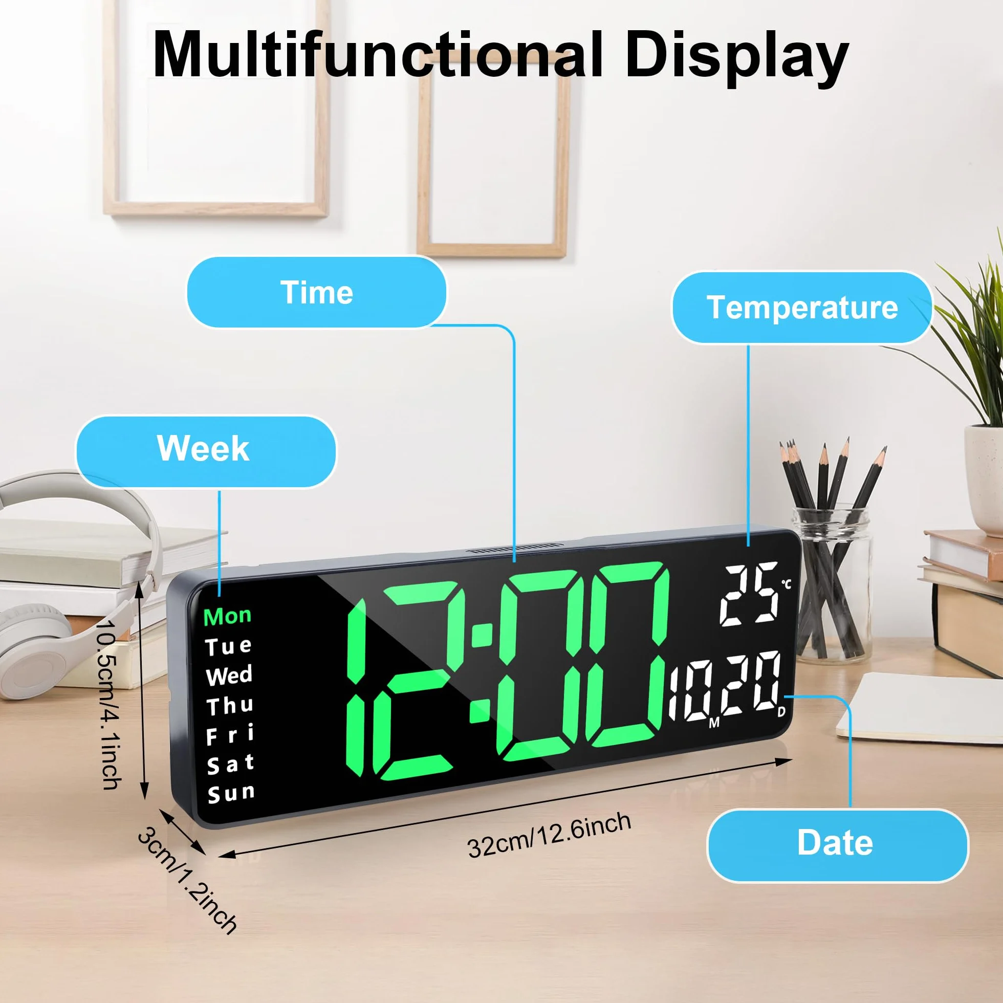 Reloj Digital Pared LED Grande 32cm Silencioso con Control Remoto Temperatura Fecha 2 Alarmas Brillo Ajustable 12/24 Horas Verde