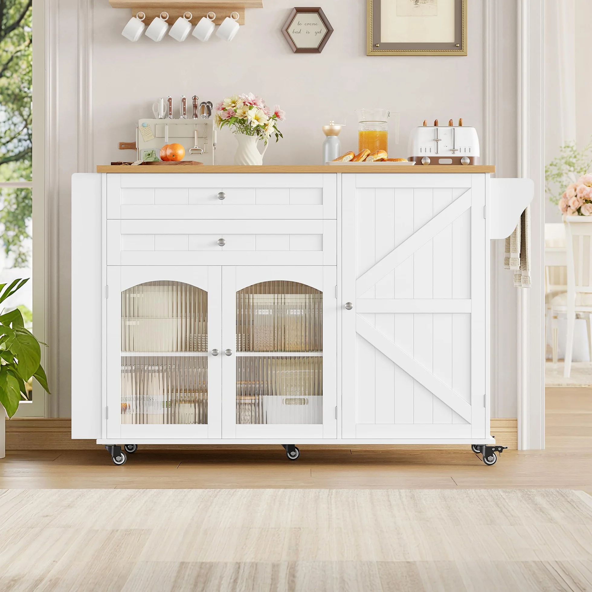 FirFurd Isla Cocina con Ruedas, Isla de Cocina con Barra, Mueble Cocina Auxiliar, con Mesa Plegable, con 5 Ruedas, 2 Cajones y 3 Puertas, Especiero y Toallero (Blanco)