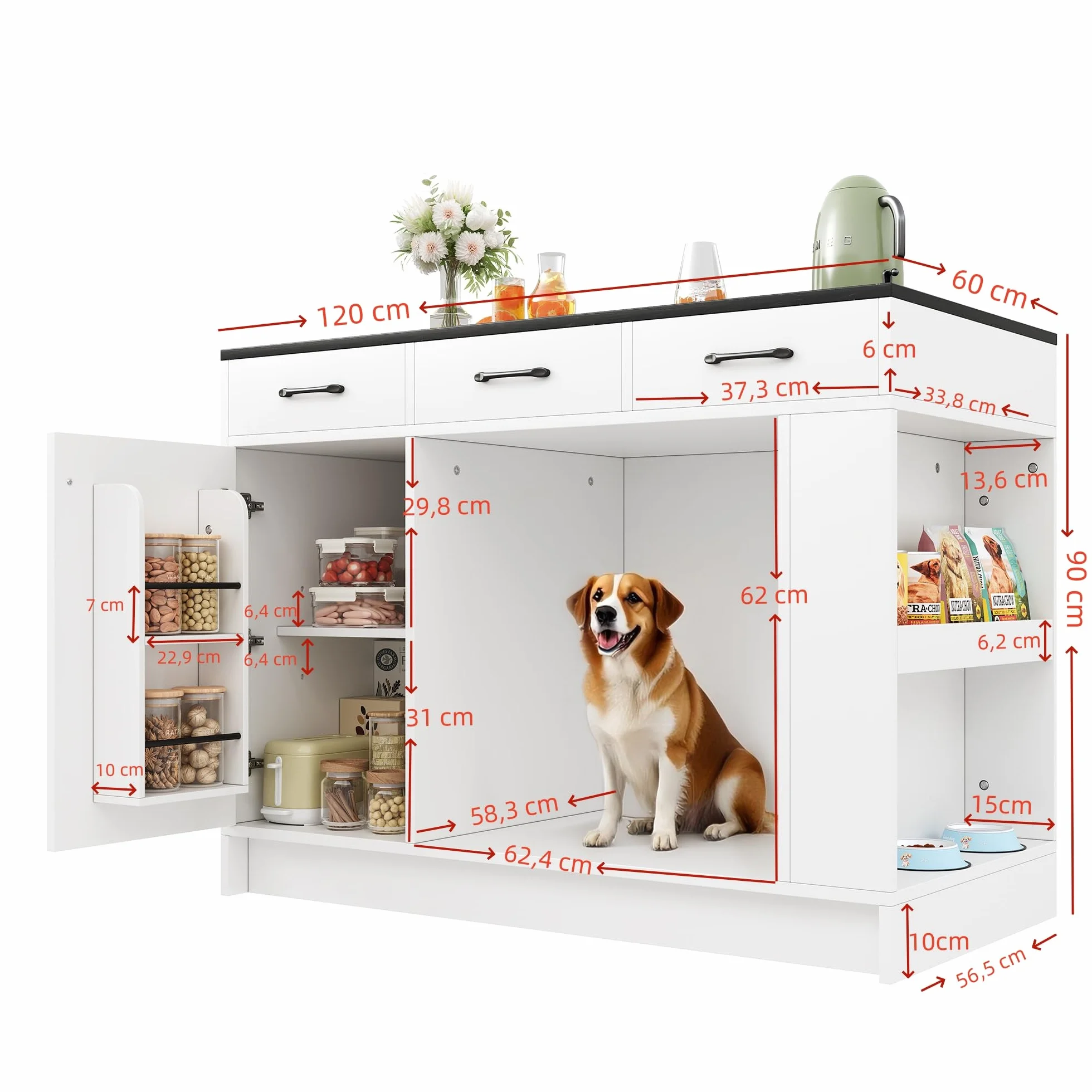 Soweiz Isla de cocina con cajón y estante para especias, blanco, 120 x 60 x 90 cm | Armario de cocina con zona para mascotas, carrito de cocina con zona de descanso para mascotas