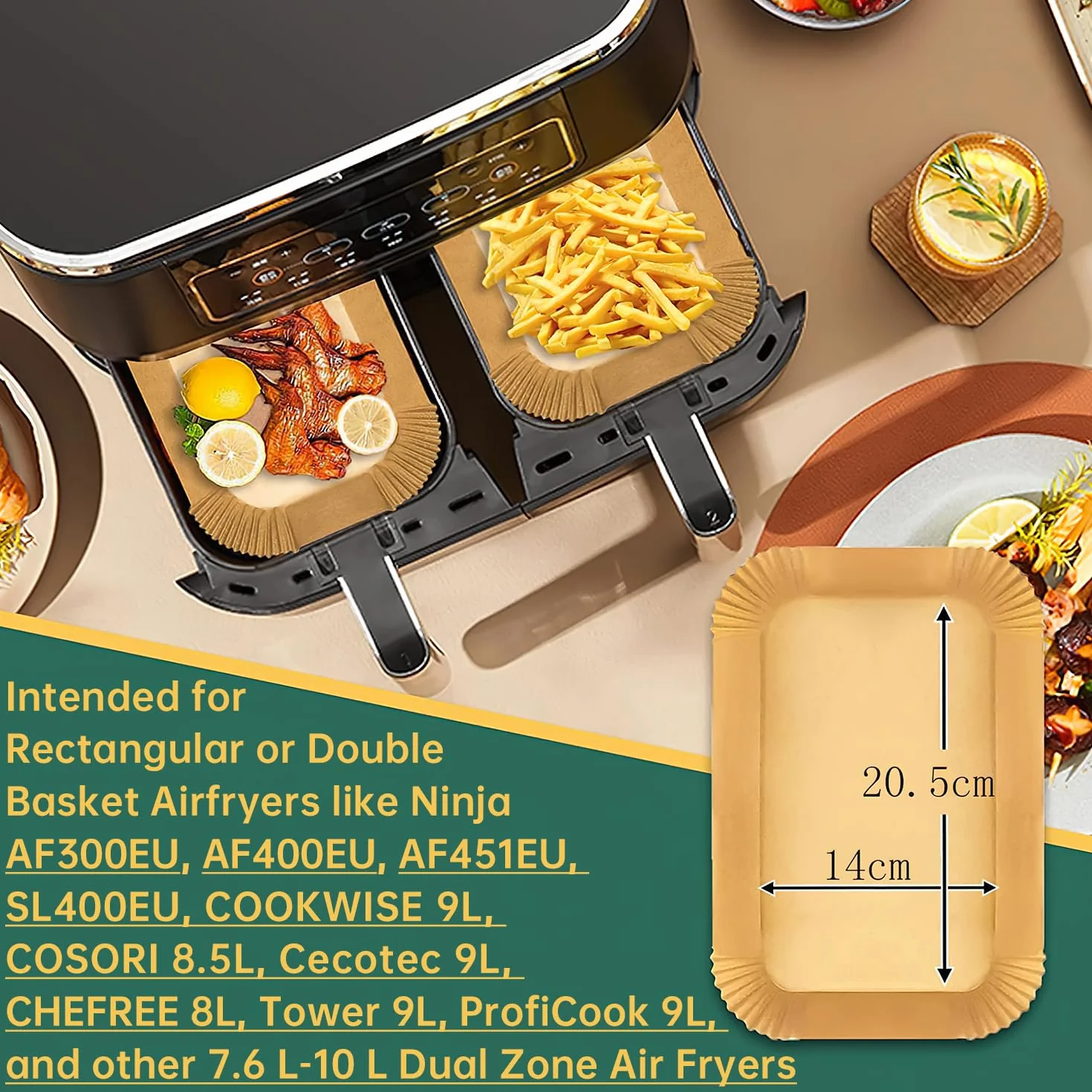 Papel para Freidora de Aire 20,5x14cm 100 Piezas Rectangular Compatible con Cecotec Ninja Cookwise