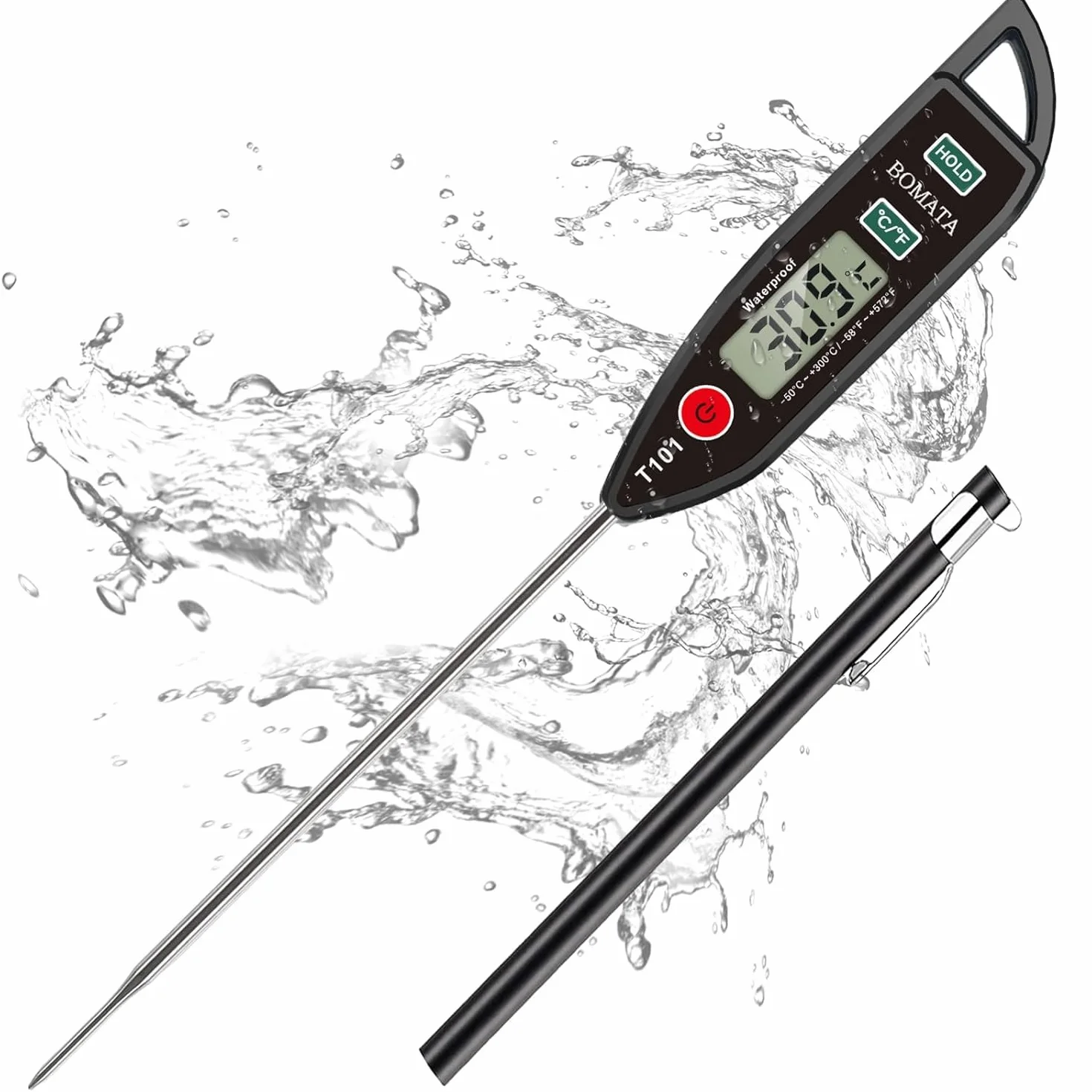 BOMATA Termómetro impermeable IPX7, agua, líquidos, velas y cocina. Termómetro de lectura instantánea para alimentos, con sonda larga, para cocinar, carnes y barbacoas.T101 Negro