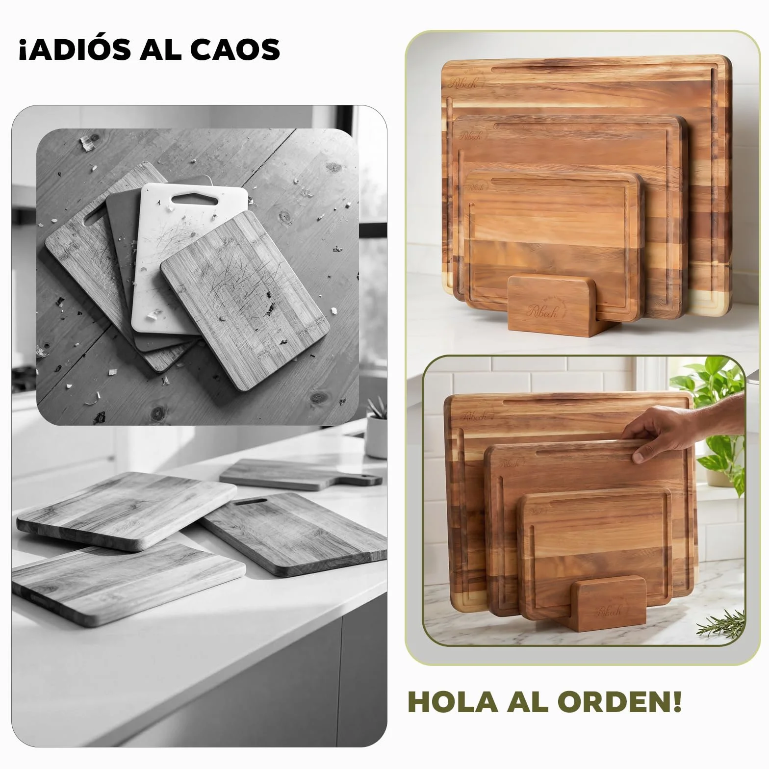Set de Tablas de Cortar de Madera de Acacia Sólida 3 Piezas con Soporte 40x30cm 33x24cm 26x18cm