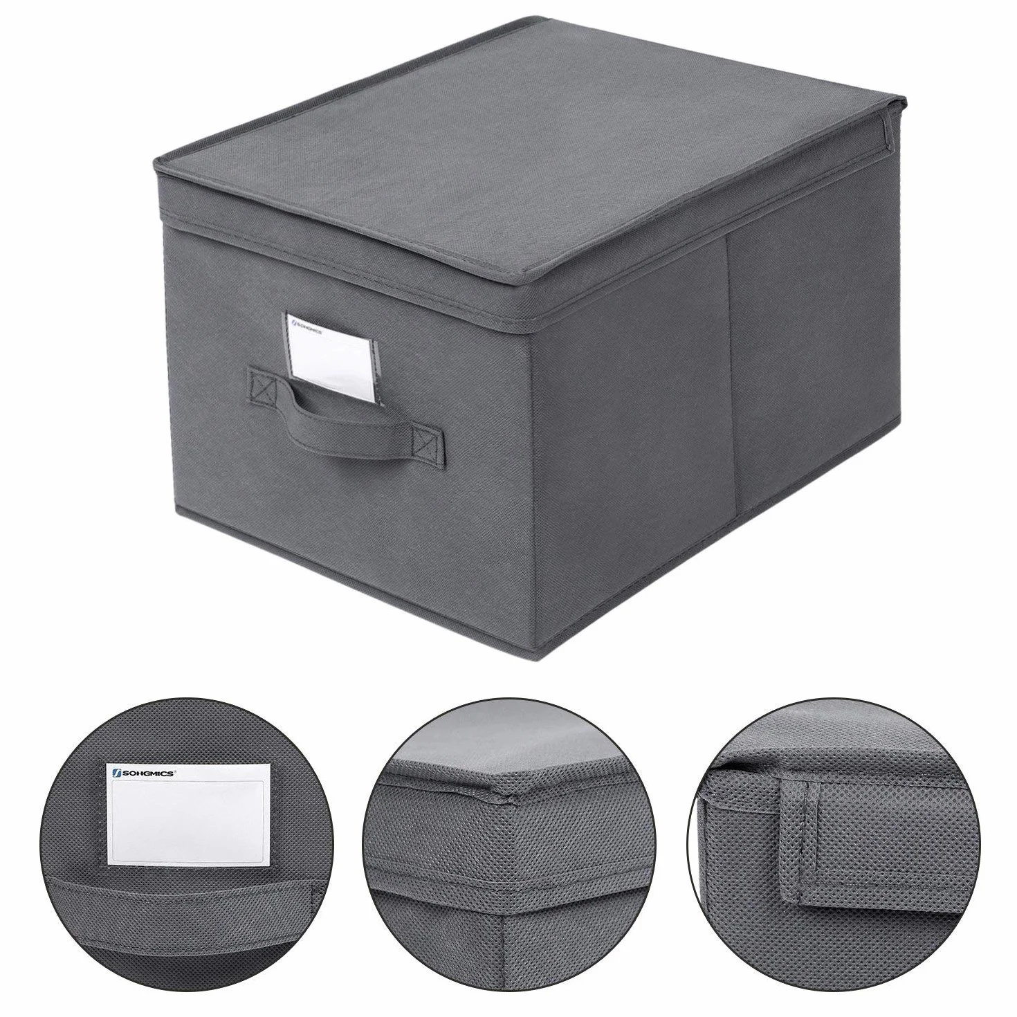 SONGMICS Juego de 3 cajas de almacenamiento plegables con tapas, cubo de tela mon-tejida, 40 x 30 x 25 cm, gris